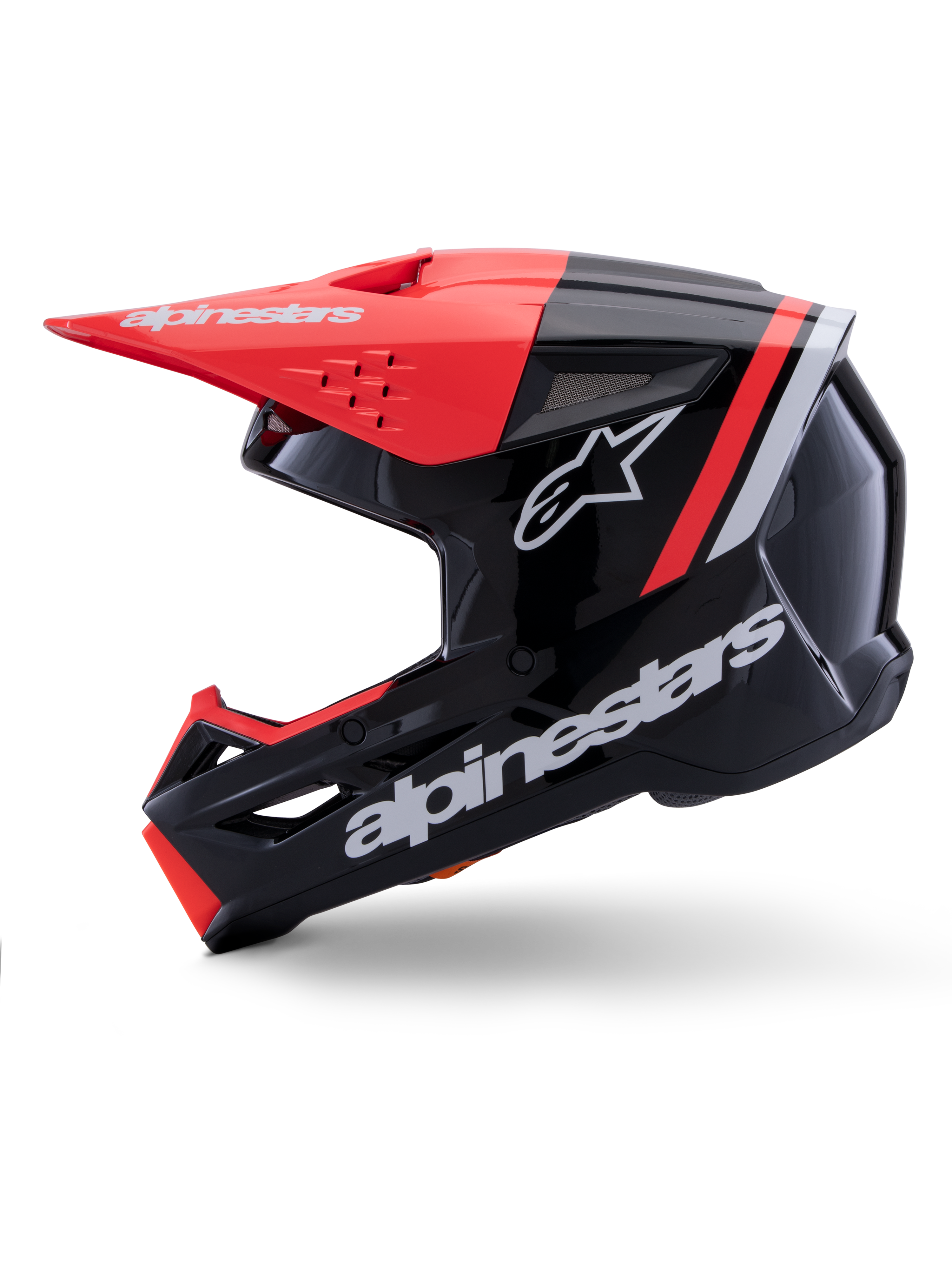Casque Alpinestars S-M3 Radium, casque de motocross, noir, rouge fluo et blanc brillant, vue de profil, avec grand logo Alpinestars blanc et logo étoile, visière rouge fluo et accents sur la mentonnière, finition brillante, conçu pour le motocross et l'enduro tout-terrain.