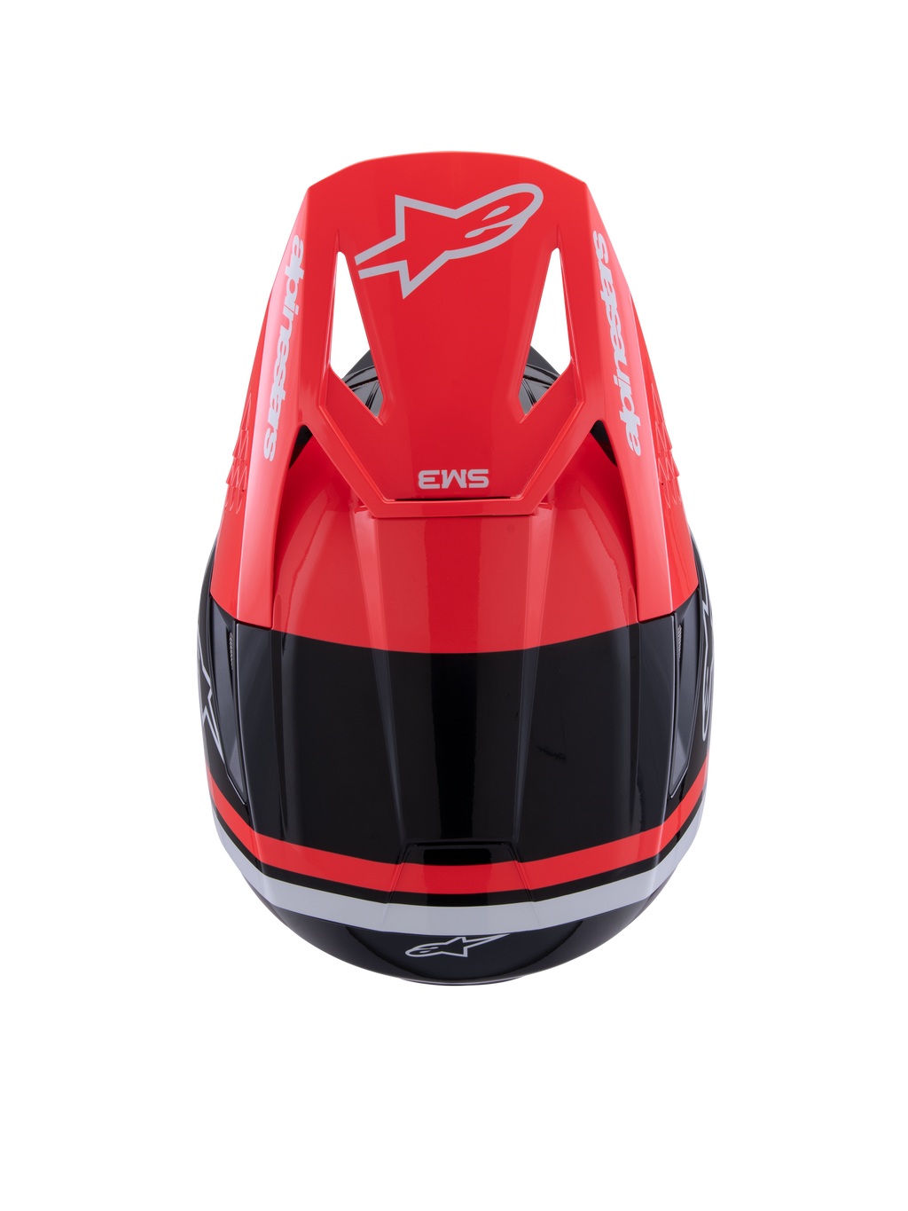 Casque Alpinestars S-M3 Radium, casque de motocross, noir, rouge fluo et blanc brillant, vue de dessus présentant la visière rouge fluo avec logo Alpinestars blanc et design aérodynamique épuré.