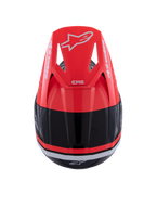 Casque Alpinestars S-M3 Radium, casque de motocross, noir, rouge fluo et blanc brillant, vue de dessus présentant la visière rouge fluo avec logo Alpinestars blanc et design aérodynamique épuré.