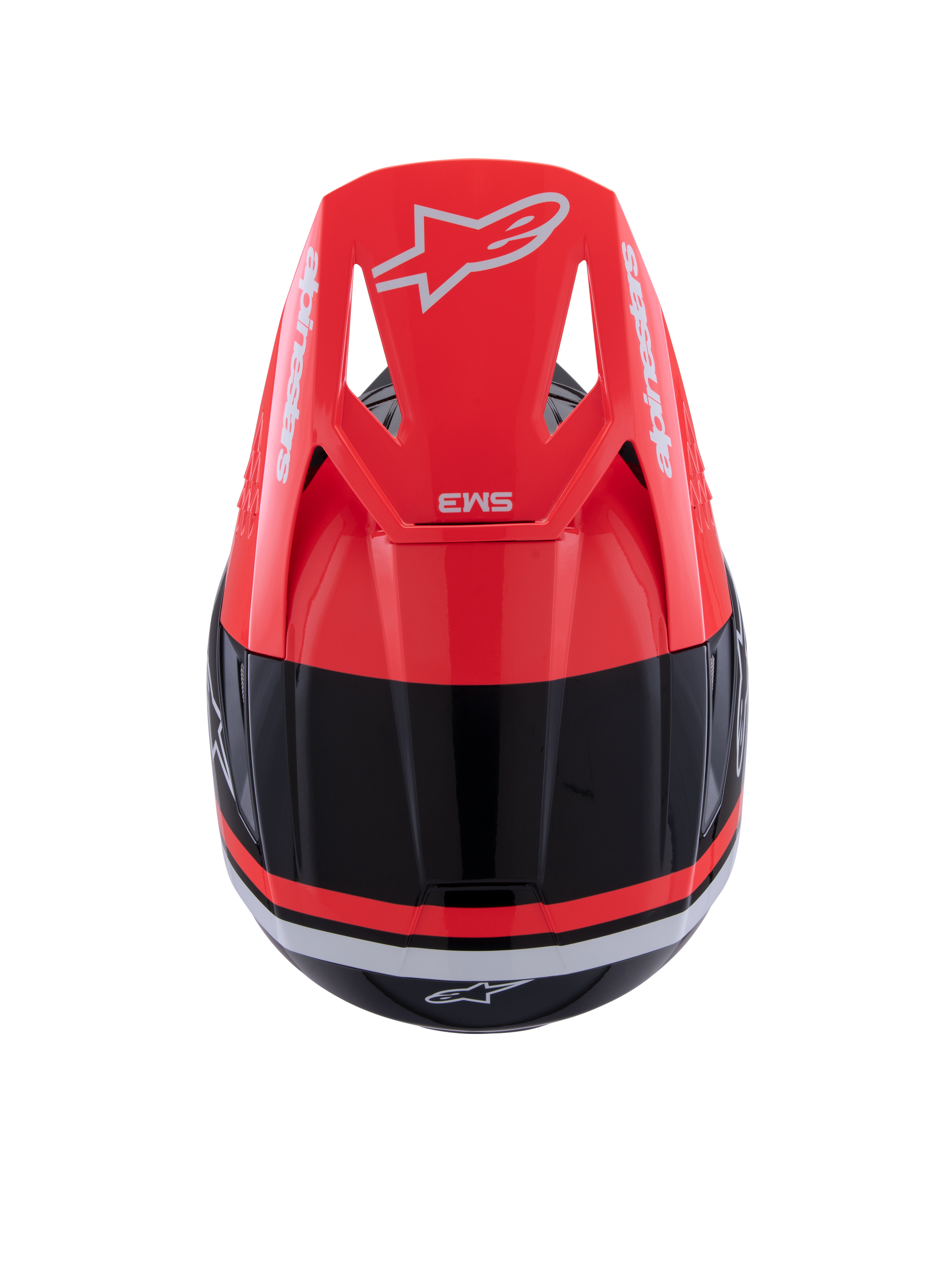Casque Alpinestars S-M3 Radium, casque de motocross, noir, rouge fluo et blanc brillant, vue de dessus présentant la visière rouge fluo avec logo Alpinestars blanc et design aérodynamique épuré.
