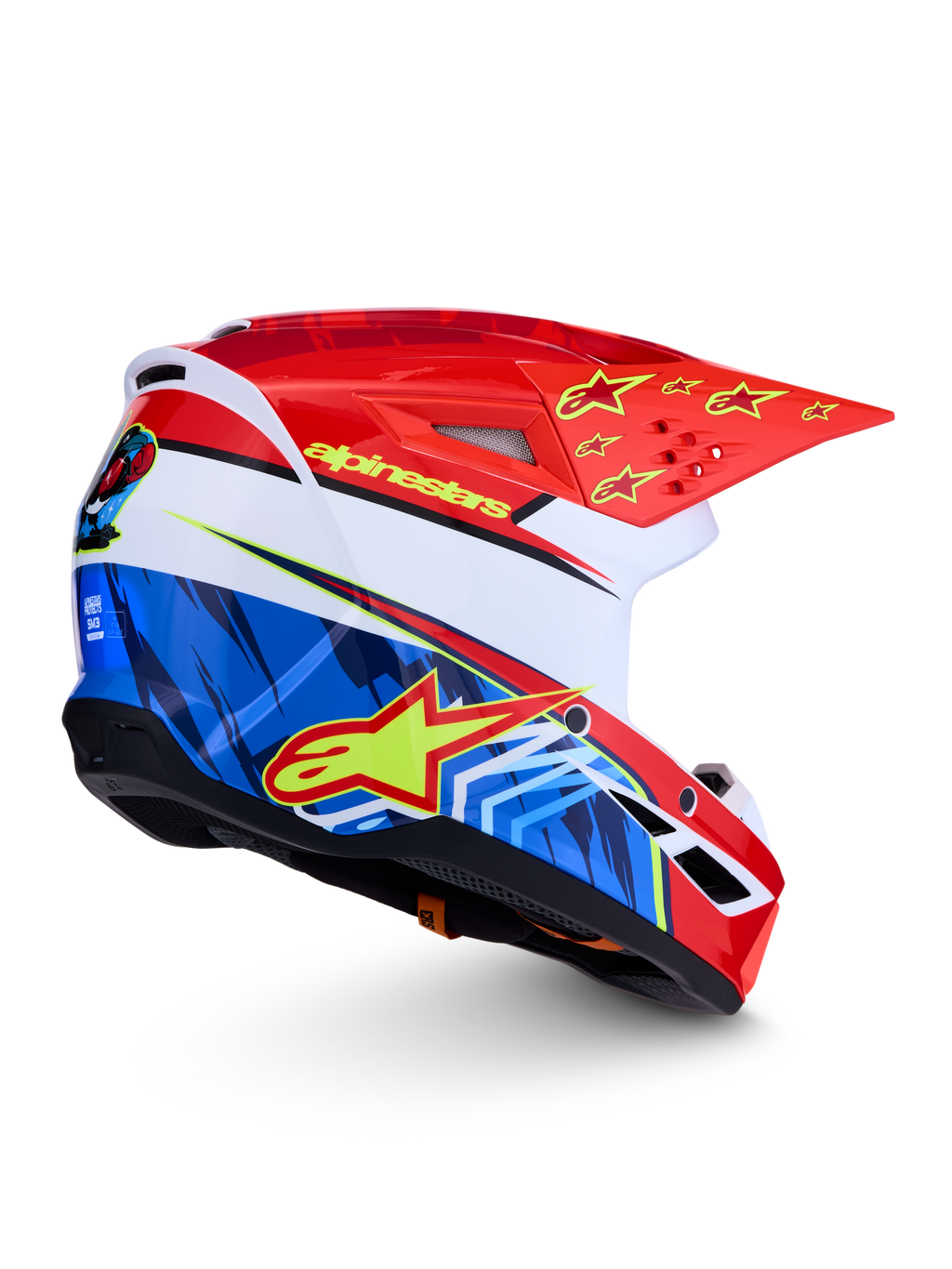Alpinestars SM3 Falcon helm ECE06, motocrosshelm voor off-road, rood en blauw met gele sterren, ECE 2206-gecertificeerd.