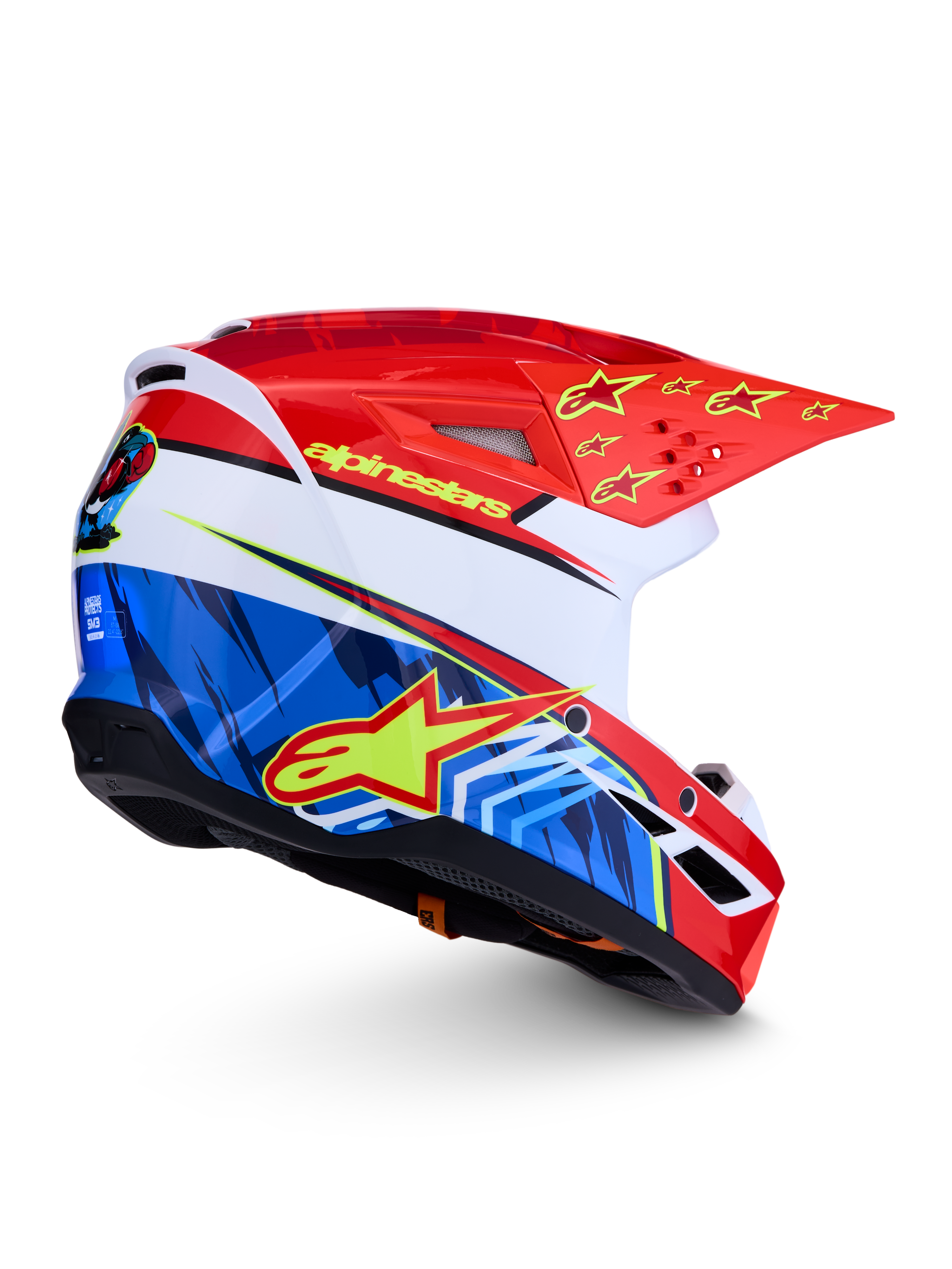 Alpinestars SM3 Falcon helm ECE06, motocrosshelm voor off-road, rood en blauw met gele sterren, ECE 2206-gecertificeerd.