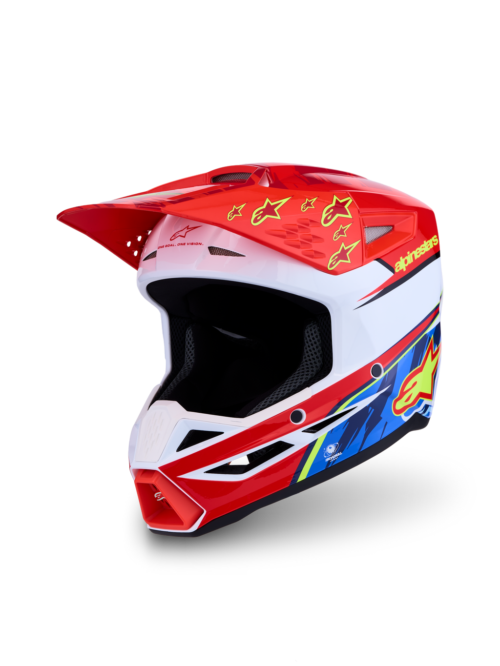 Alpinestars SM3 Falcon helm, motorcrosshelm voor off-road en enduro, rood en wit met blauwe en gele details, ECE 2206-gecertificeerd, lichtgewicht constructie met geavanceerde ventilatie.