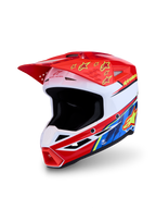 Alpinestars SM3 Falcon helm, motorcrosshelm voor off-road en enduro, rood en wit met blauwe en gele details, ECE 2206-gecertificeerd, lichtgewicht constructie met geavanceerde ventilatie.