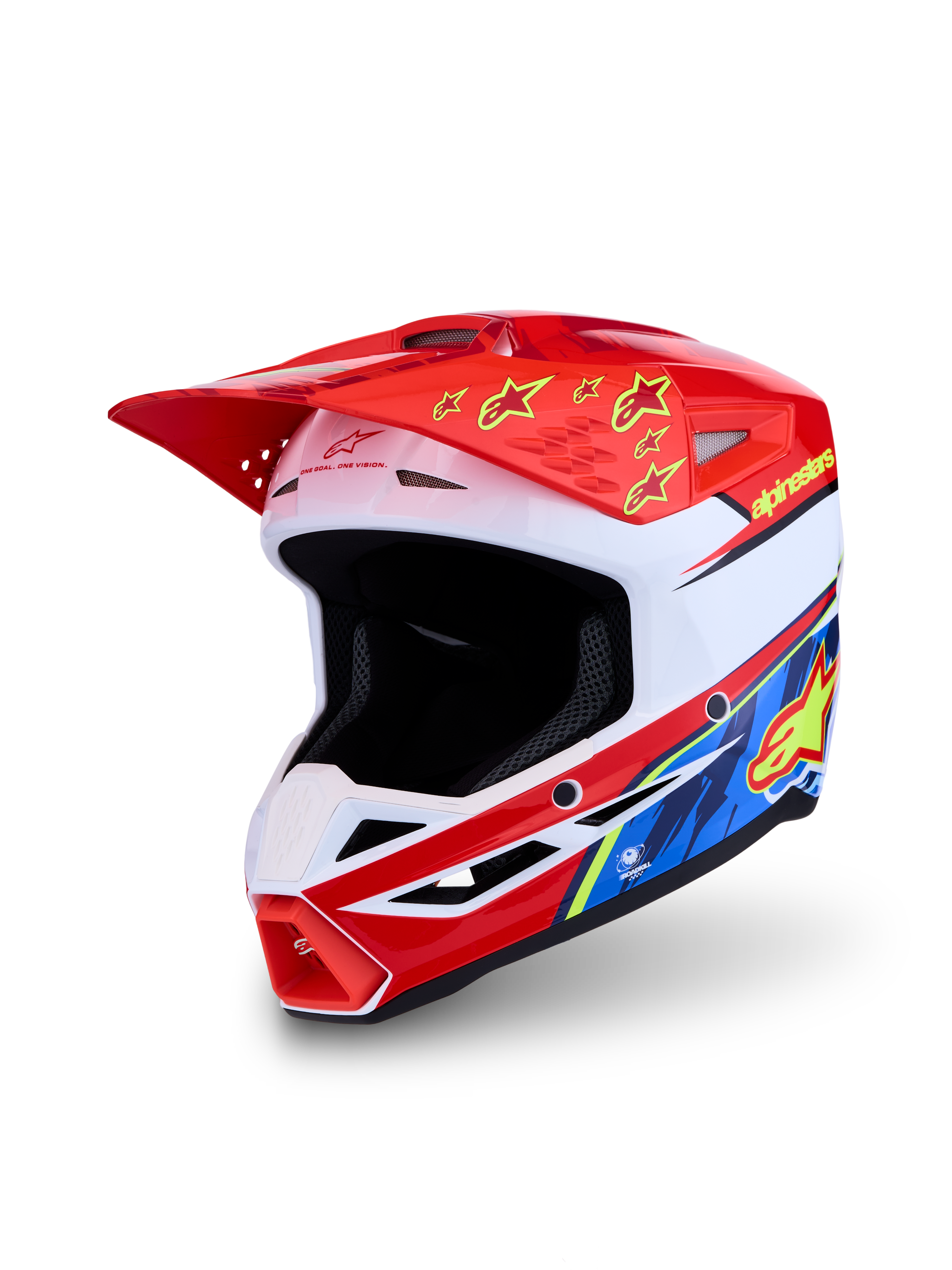 Alpinestars SM3 Falcon helm, motorcrosshelm voor off-road en enduro, rood en wit met blauwe en gele details, ECE 2206-gecertificeerd, lichtgewicht constructie met geavanceerde ventilatie.