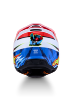 Alpinestars SM3 Falcon helm ECE06, rood en blauwe motorcrosshelm met een cartoon valk-graphic op de achterkant.