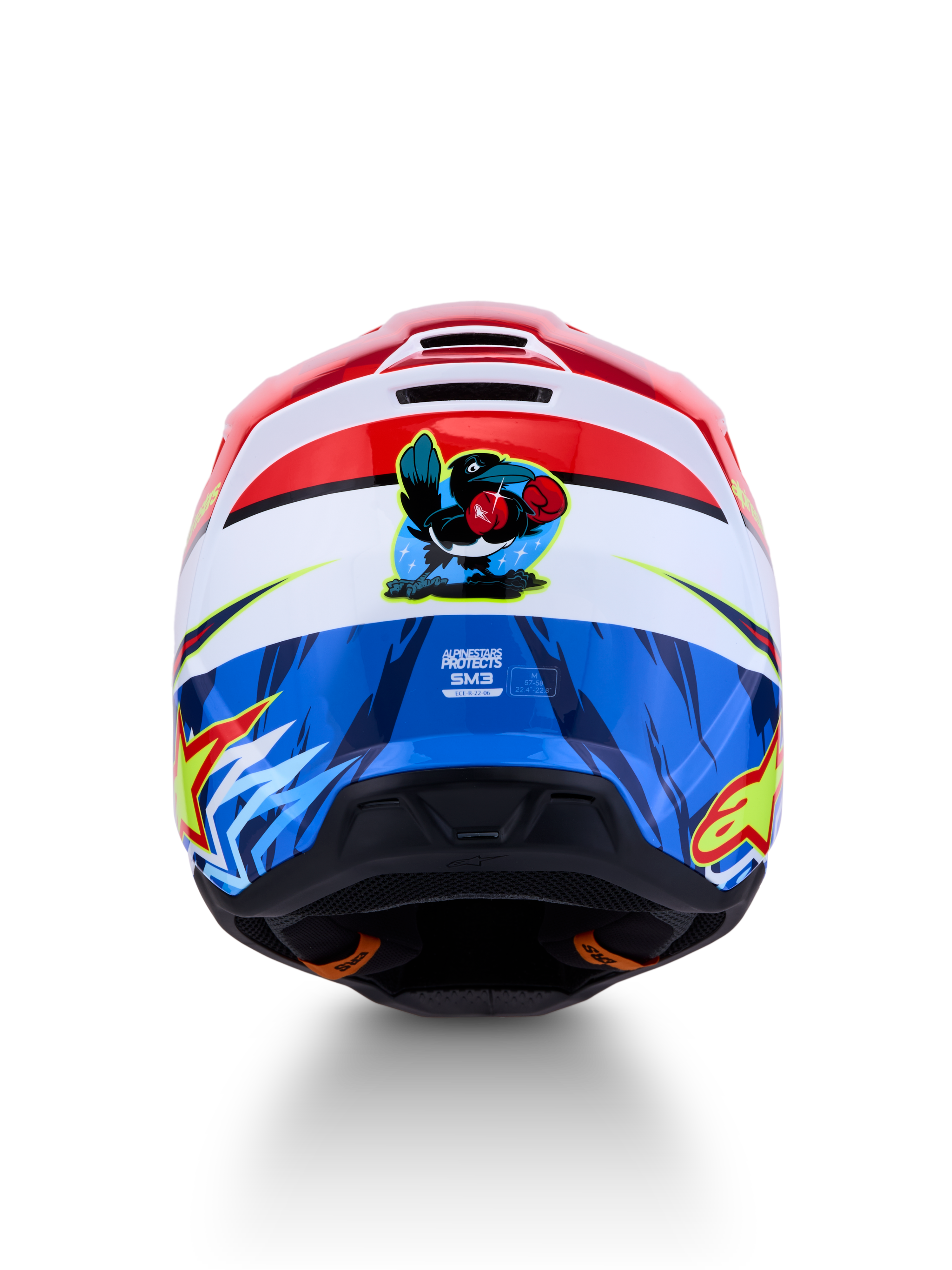 Alpinestars SM3 Falcon helm ECE06, rood en blauwe motorcrosshelm met een cartoon valk-graphic op de achterkant.