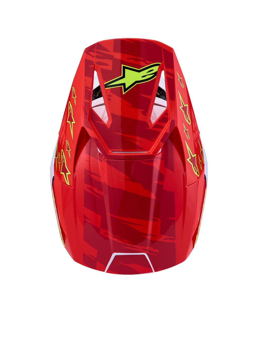 Alpinestars SM3 Falcon motorcrosshelm, rood en geel met sterren, ECE 22.06-gecertificeerd, bovenaanzicht.
