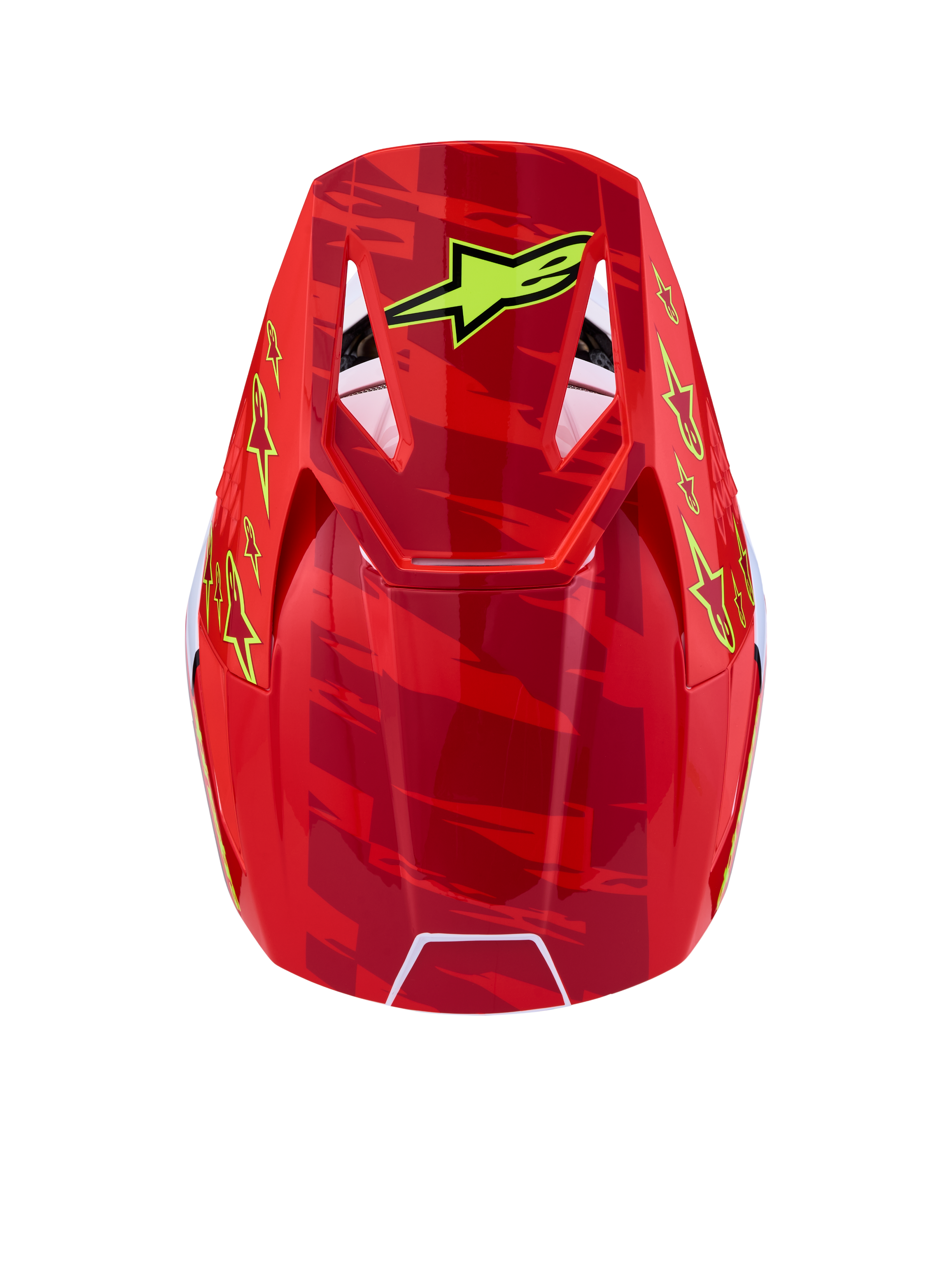 Alpinestars SM3 Falcon motorcrosshelm, rood en geel met sterren, ECE 22.06-gecertificeerd, bovenaanzicht.