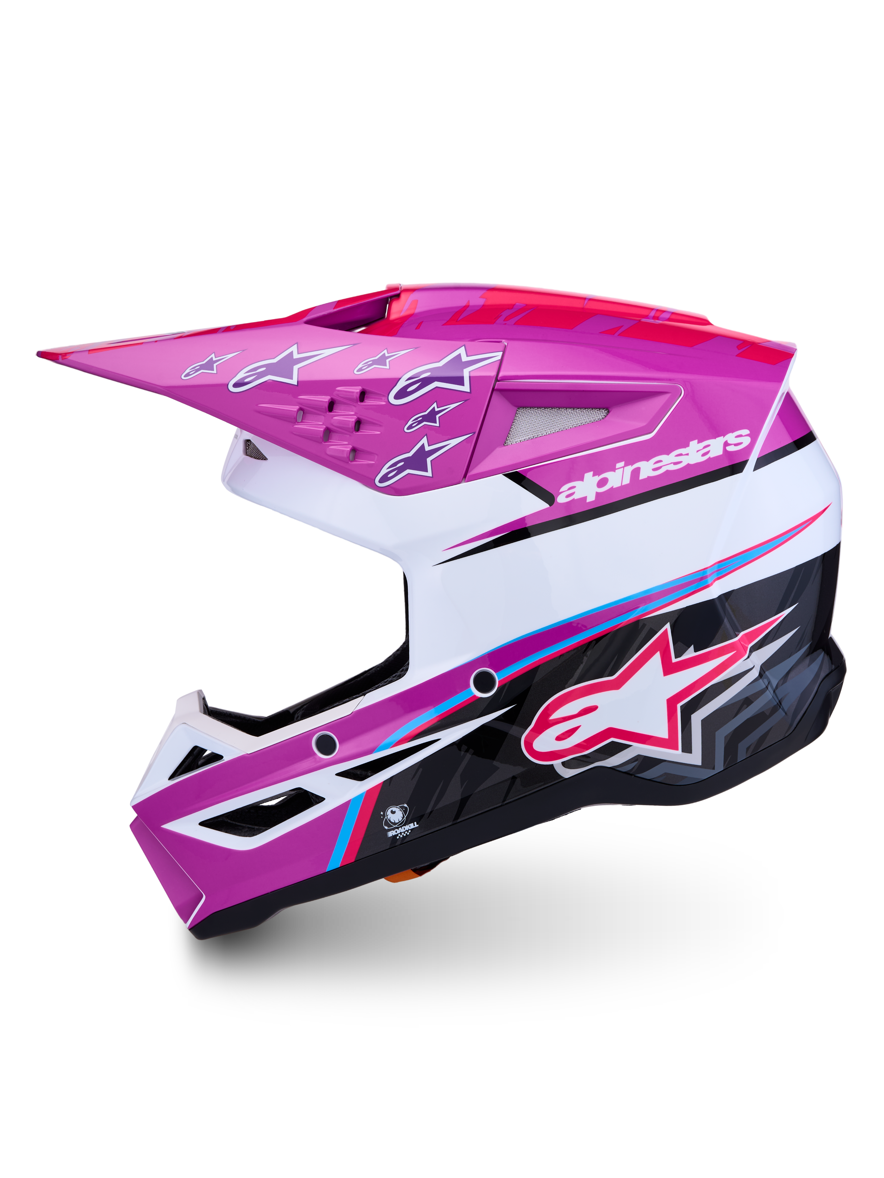 Alpinestars SM3 Falcon Helm ECE06, glänzender Motocross-Helm in Lila und Weiß mit Belüftung und Aufprallschutz.