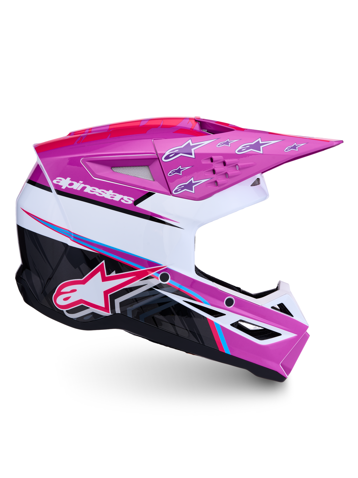 Alpinestars Casque SM3 Falcon ECE06 de motocross, violet et blanc avec accents rose fluo, certifié ECE, profil latéral.