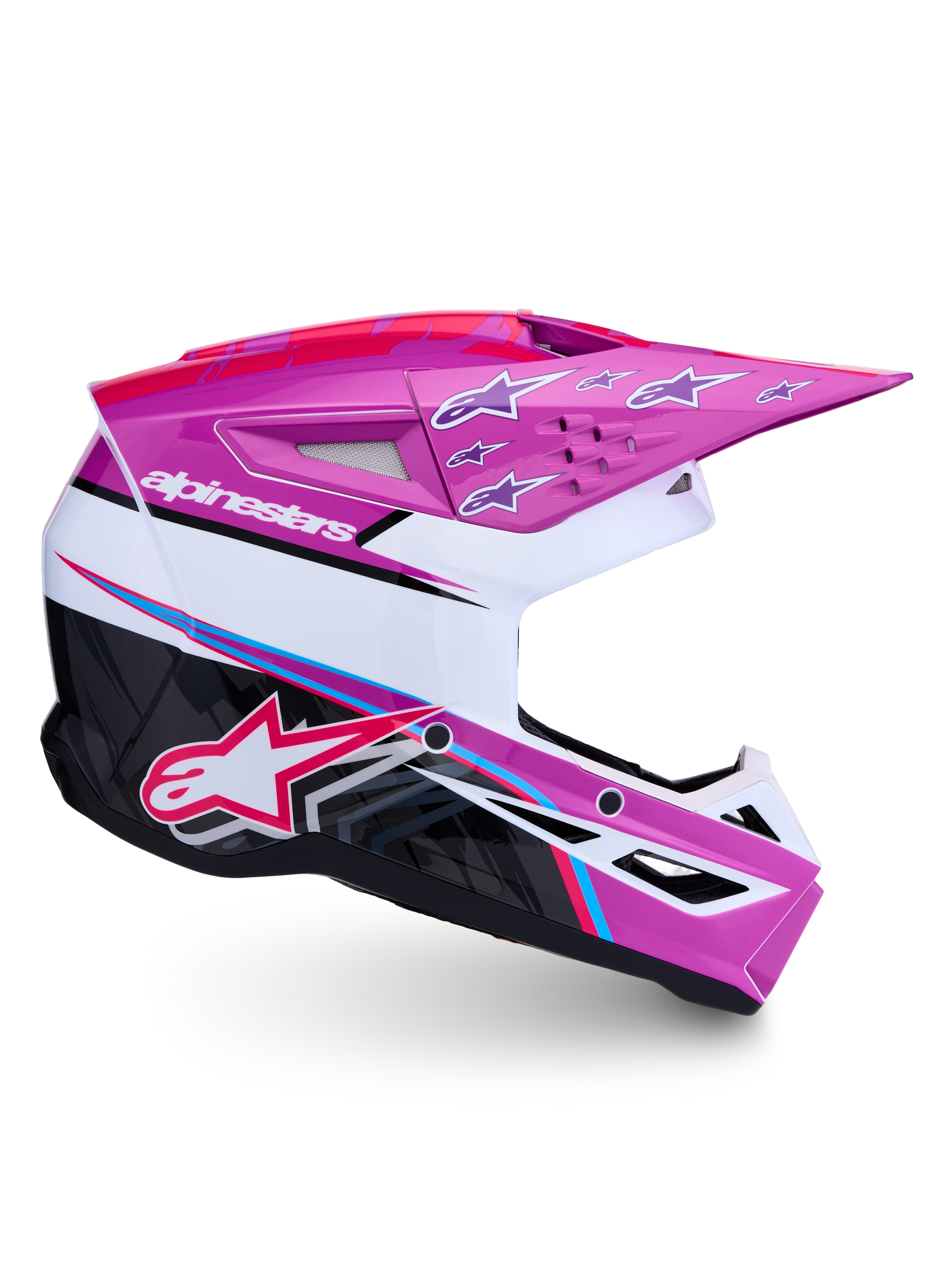Alpinestars Casque SM3 Falcon ECE06 de motocross, violet et blanc avec accents rose fluo, certifié ECE, profil latéral.