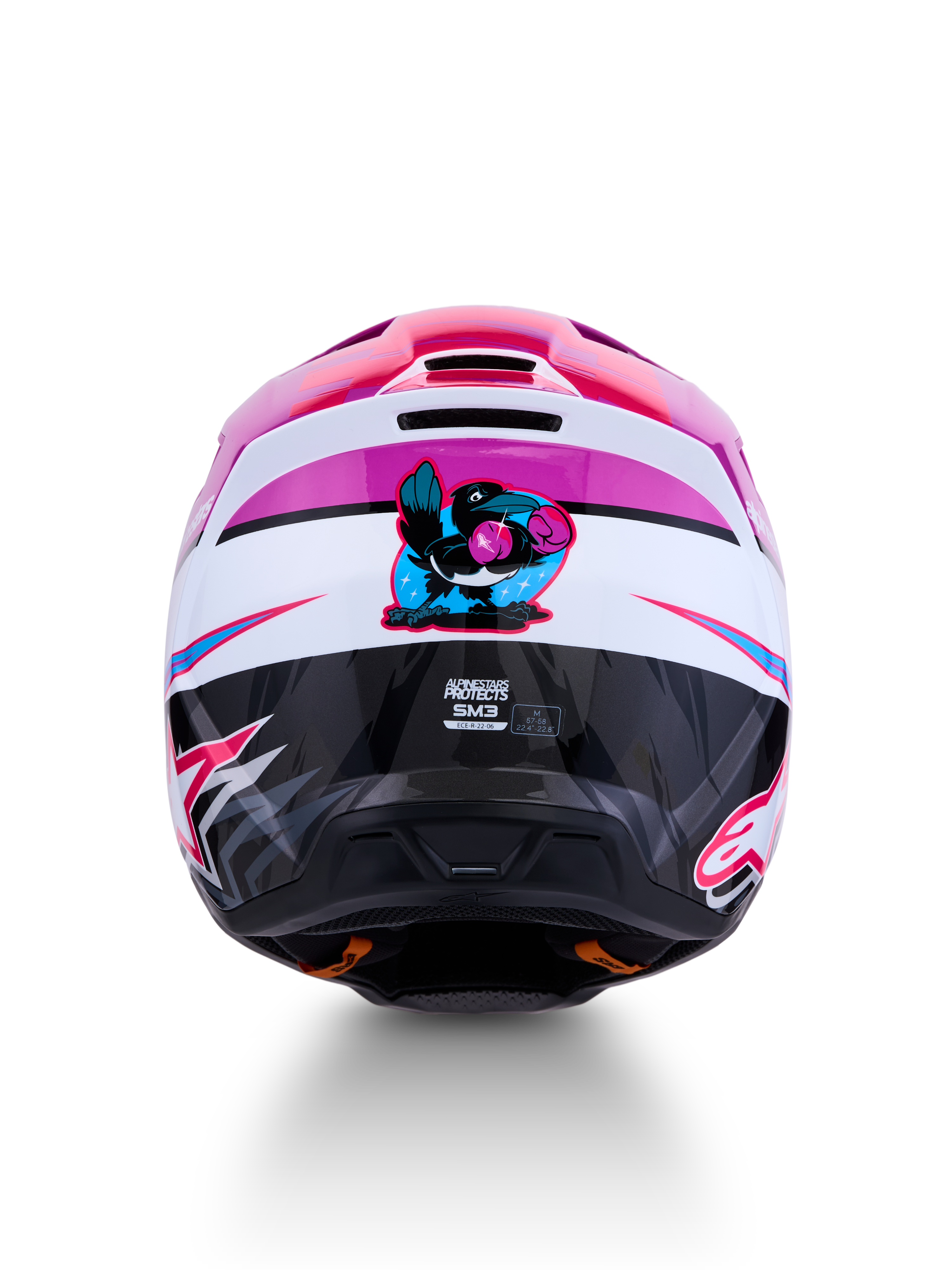 Alpinestars SM3 Falcon Helm ECE06, Motocross-Helm in Lila und Weiß, boxende Krähen-Grafik rückseitig, ECE-zertifiziert.