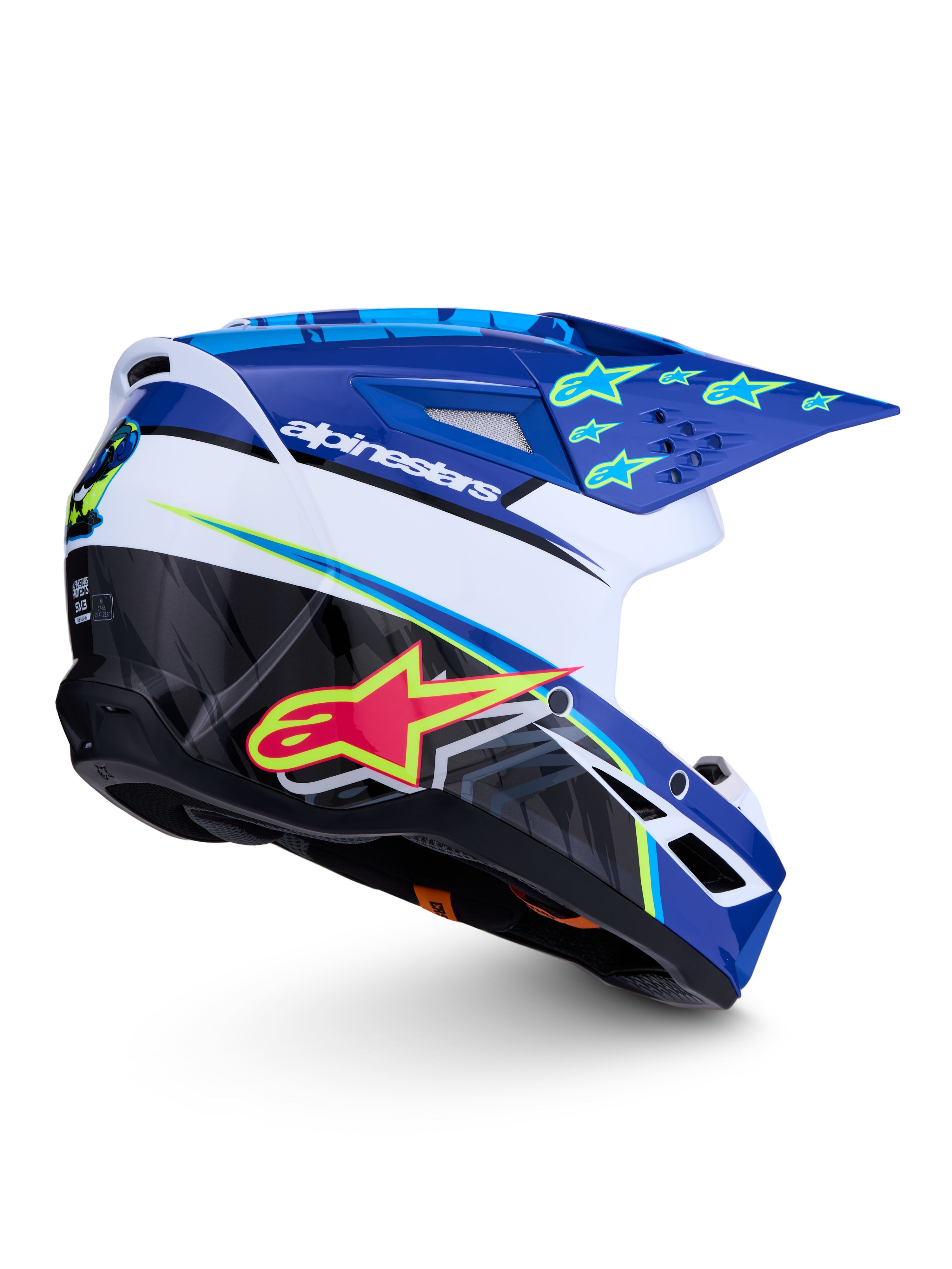 Alpinestars SM3 Falcon helm, motorcrosshelm voor terreinrijden, blauw, wit en zwart met fluo gele accenten, glanzende afwerking, ECE 2206-gecertificeerd