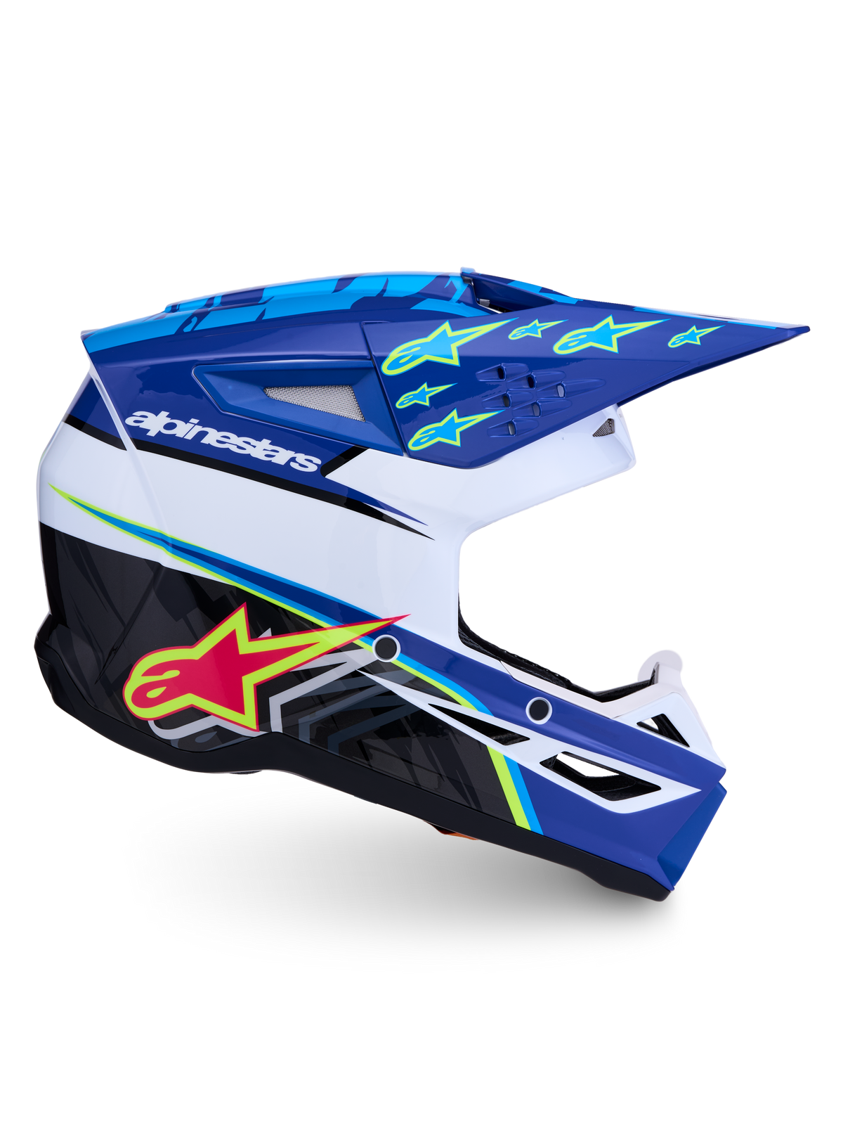 Alpinestars SM3 Falcon helm, professionele motocrosshelm voor off-road, blauw en wit met geel-roze ster-graphics, ECE 22.06-gecertificeerd, geavanceerde ventilatie en lichtgewicht schaalconstructie.