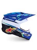 Alpinestars SM3 Falcon helm, professionele motocrosshelm voor off-road, blauw en wit met geel-roze ster-graphics, ECE 22.06-gecertificeerd, geavanceerde ventilatie en lichtgewicht schaalconstructie.