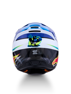 Alpinestars SM3 Falcon helm, blauw-witte MX-helm, achteraanzicht met boksvogel-graphic, ECE 2206-gecertificeerd.