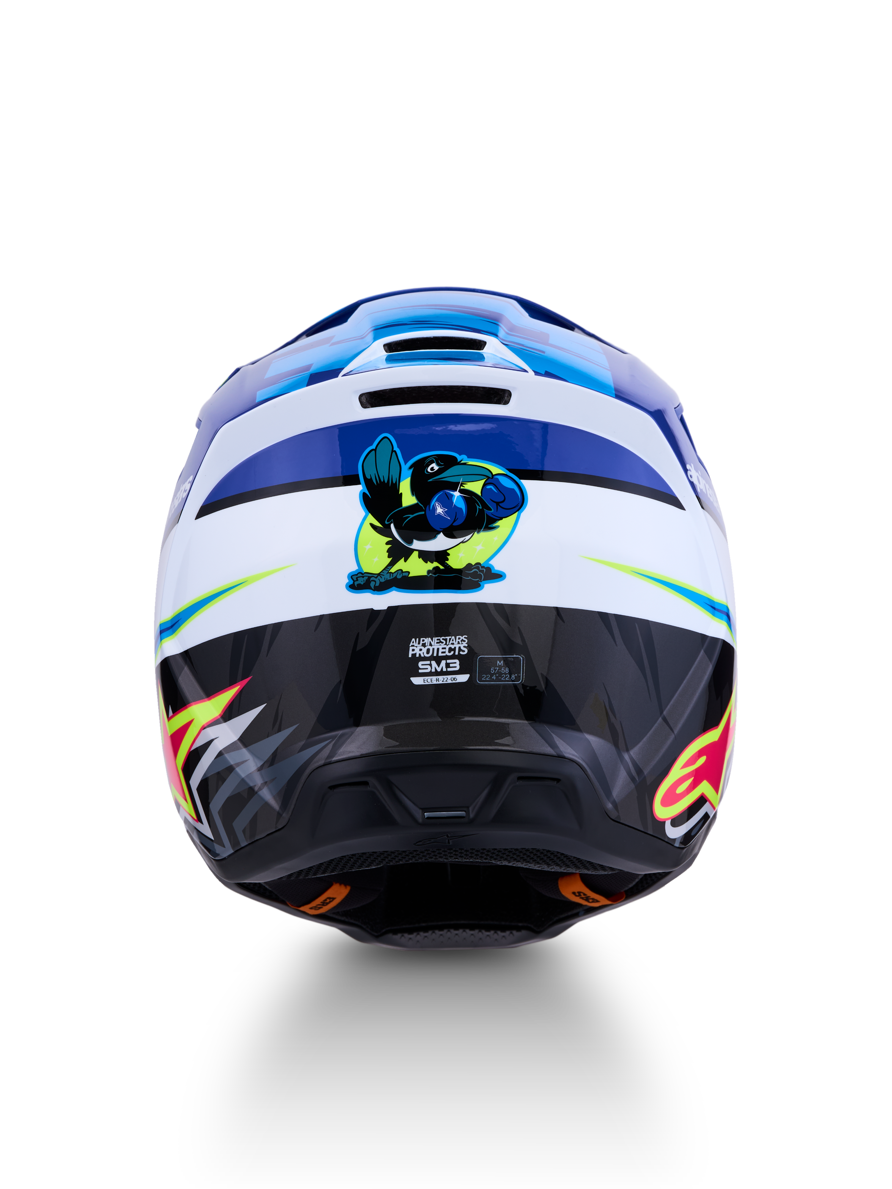 Alpinestars SM3 Falcon helm, blauw-witte MX-helm, achteraanzicht met boksvogel-graphic, ECE 2206-gecertificeerd.