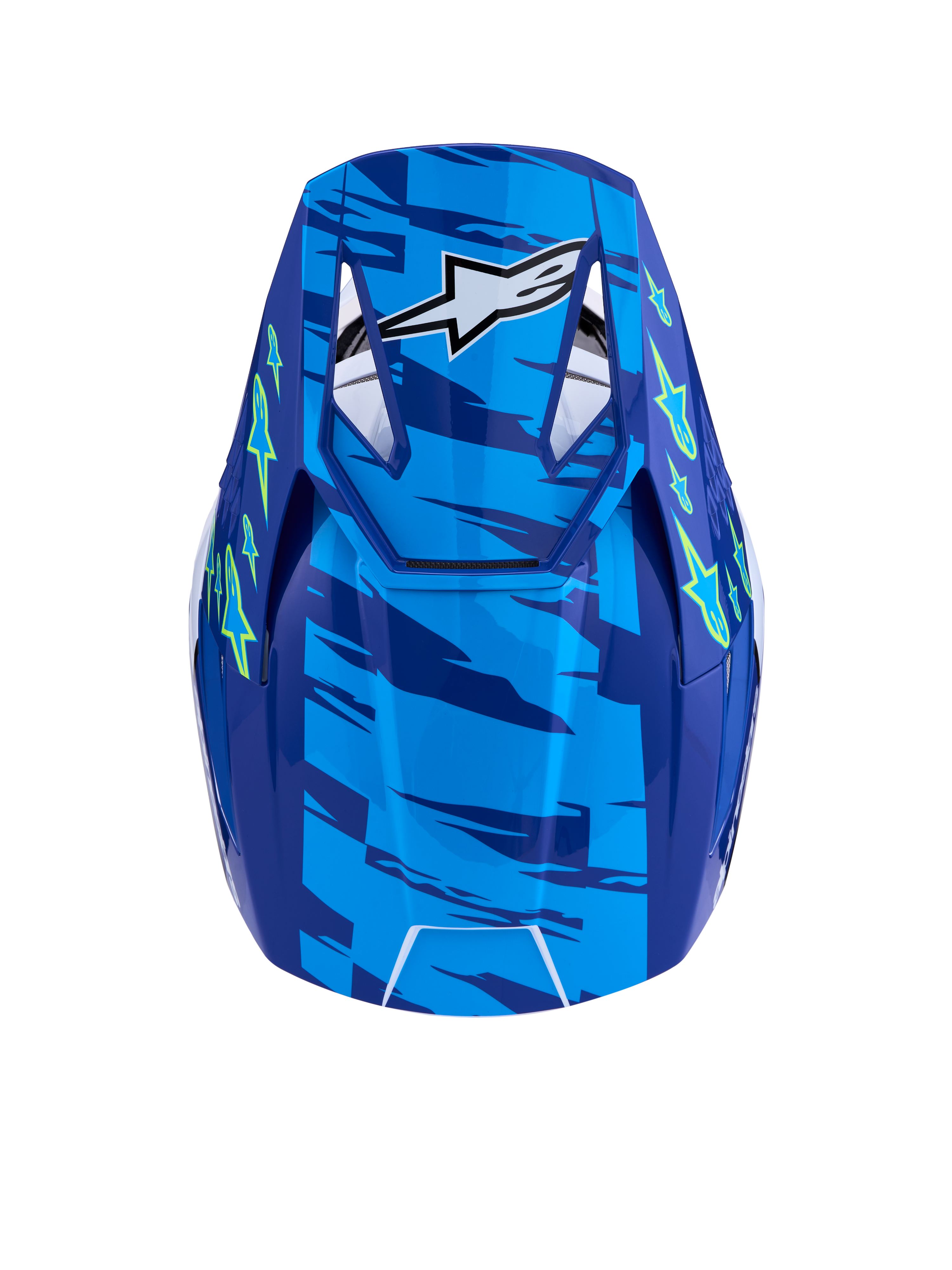 Alpinestars SM3 Falcon Helm ECE06, blauw en fluogeel, motorcrosshelm van bovenaf met geventileerd vizier, ECE 2206-gecertificeerd.