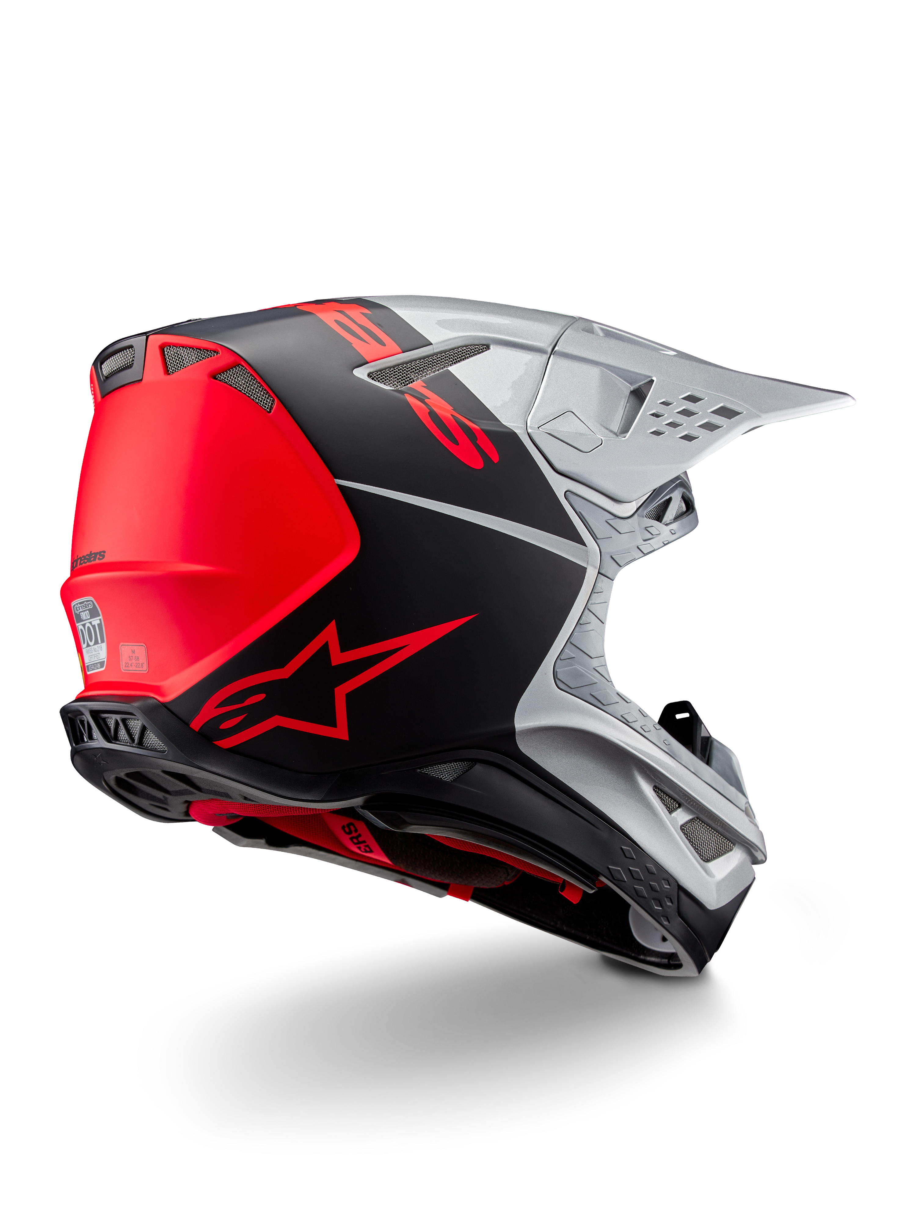 Casque Alpinestars Supertech M10 Flood ECE 22.06, casque de motocross, argent, noir et orange fluo, vue arrière-latérale mettant en avant le design aérodynamique de la coque, les ports de ventilation et la finition mate et brillante