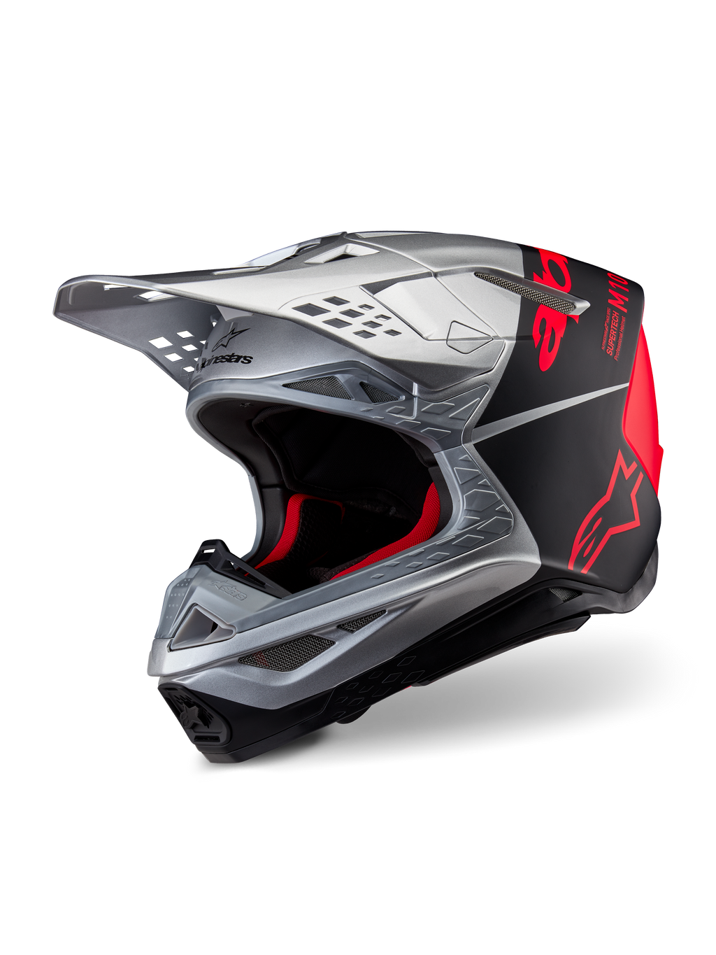 Casque Alpinestars Supertech M10 Flood ECE 22.06, casque de motocross, argenté, noir et orange fluo, finitions mates et brillantes, doté d'une coque en carbone profilée avec logo Alpinestars et de multiples orifices de ventilation