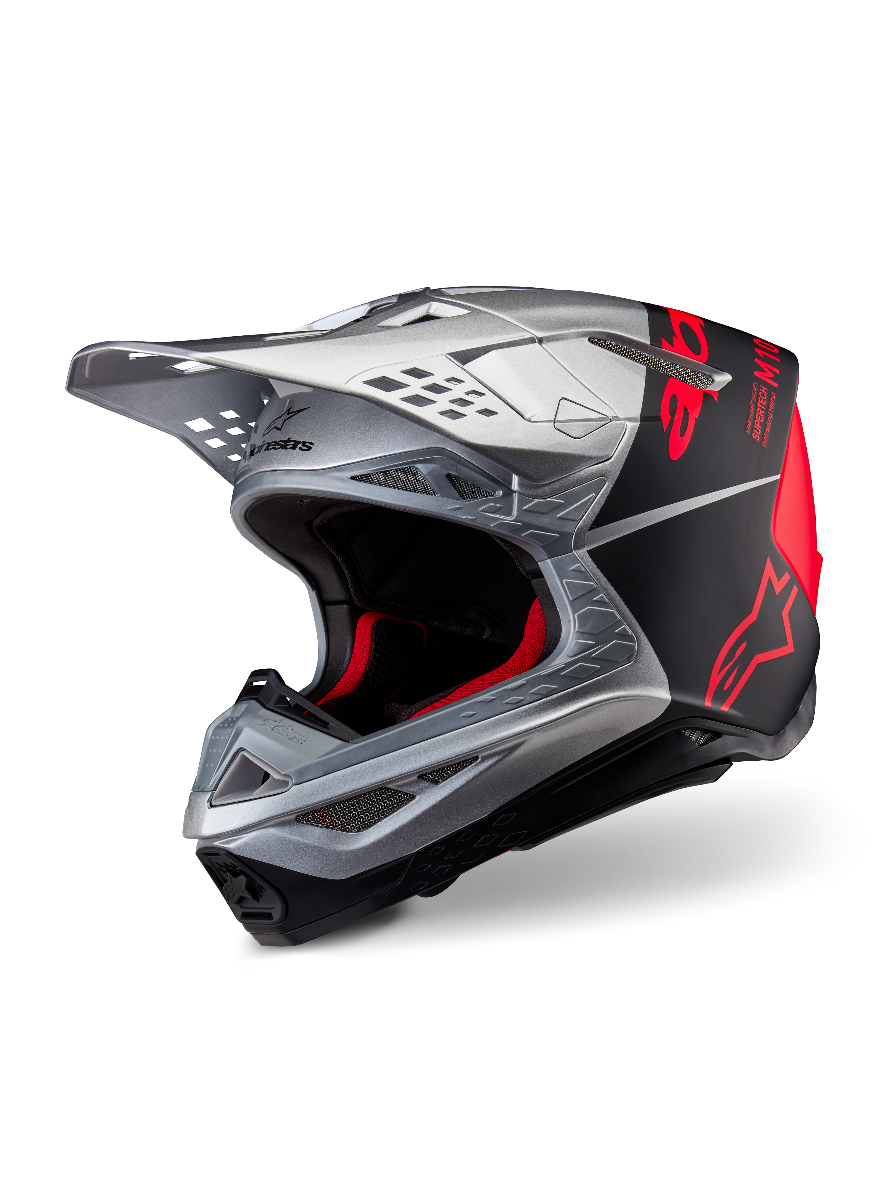 Casque Alpinestars Supertech M10 Flood ECE 22.06, casque de motocross, argenté, noir et orange fluo, finitions mates et brillantes, doté d'une coque en carbone profilée avec logo Alpinestars et de multiples orifices de ventilation