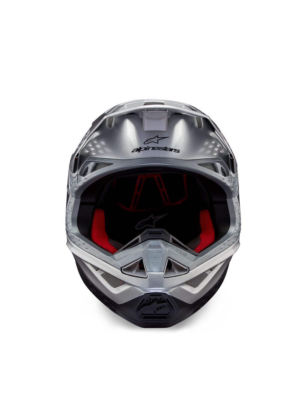 Casque Alpinestars Supertech M10 Flood ECE 22.06, casque de motocross, argenté, noir et orange fluo, vue de face présentant une coque aérodynamique, une large ouverture faciale avec rembourrage intérieur rouge, logo Alpinestars noir et mentonnière ventilée pour la course tout-terrain