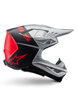 Alpinestars Supertech M10 Flood ECE 22.06 Helmet, Motocross Helmet, Silver Black and Orange Fluo, matte and glossy finish, aerodynamic profile with multi-composite shell, bold branding with orange Alpinestars logo, high-flow ventilation ports and protective visor
