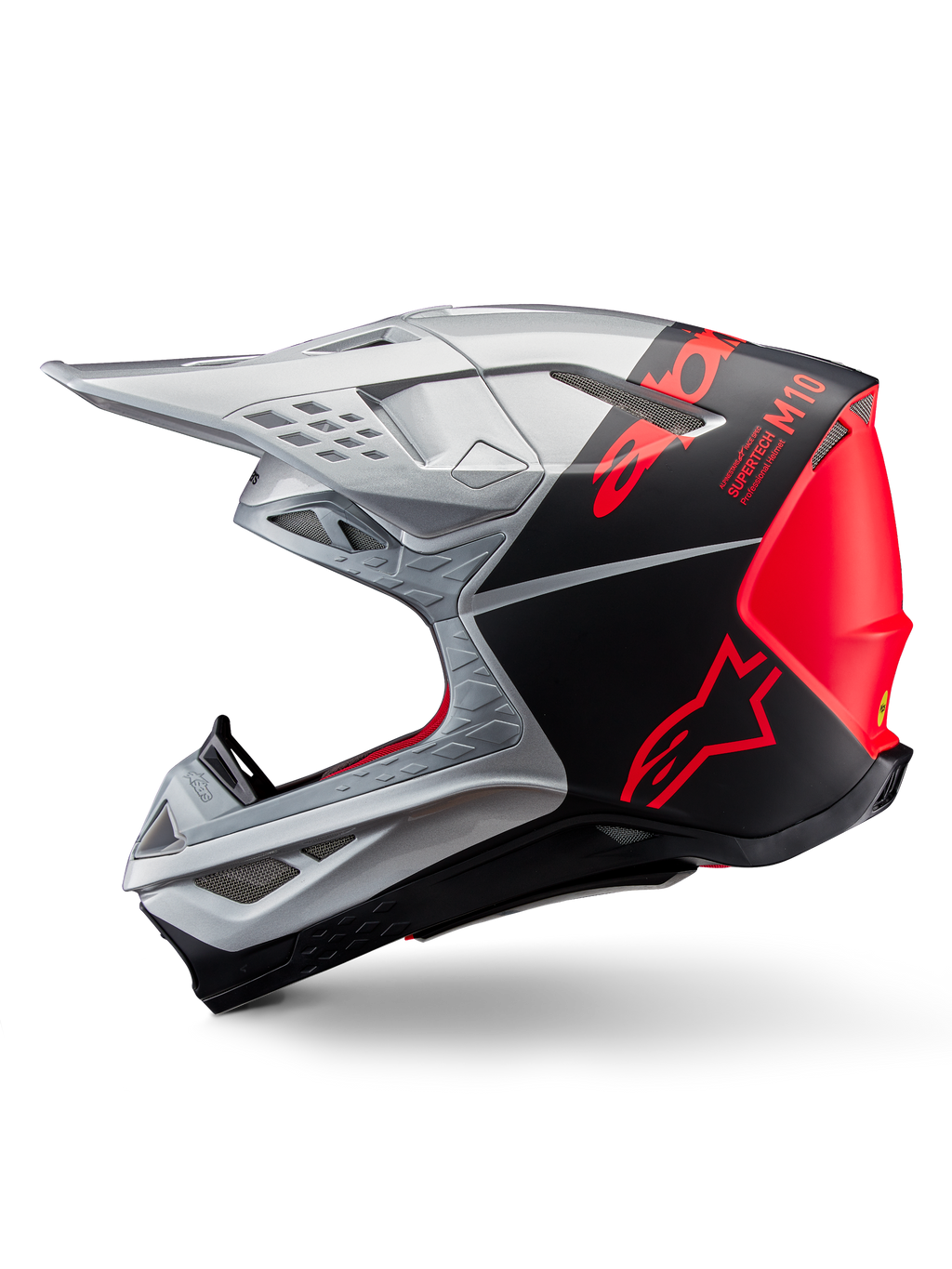 Casque Alpinestars Supertech M10 Flood, casque de motocross, argent et noir avec accents orange fluo, profil latéral, design aérodynamique épuré avec ports de ventilation, finitions mates et brillantes, protection professionnelle pour la course tout-terrain