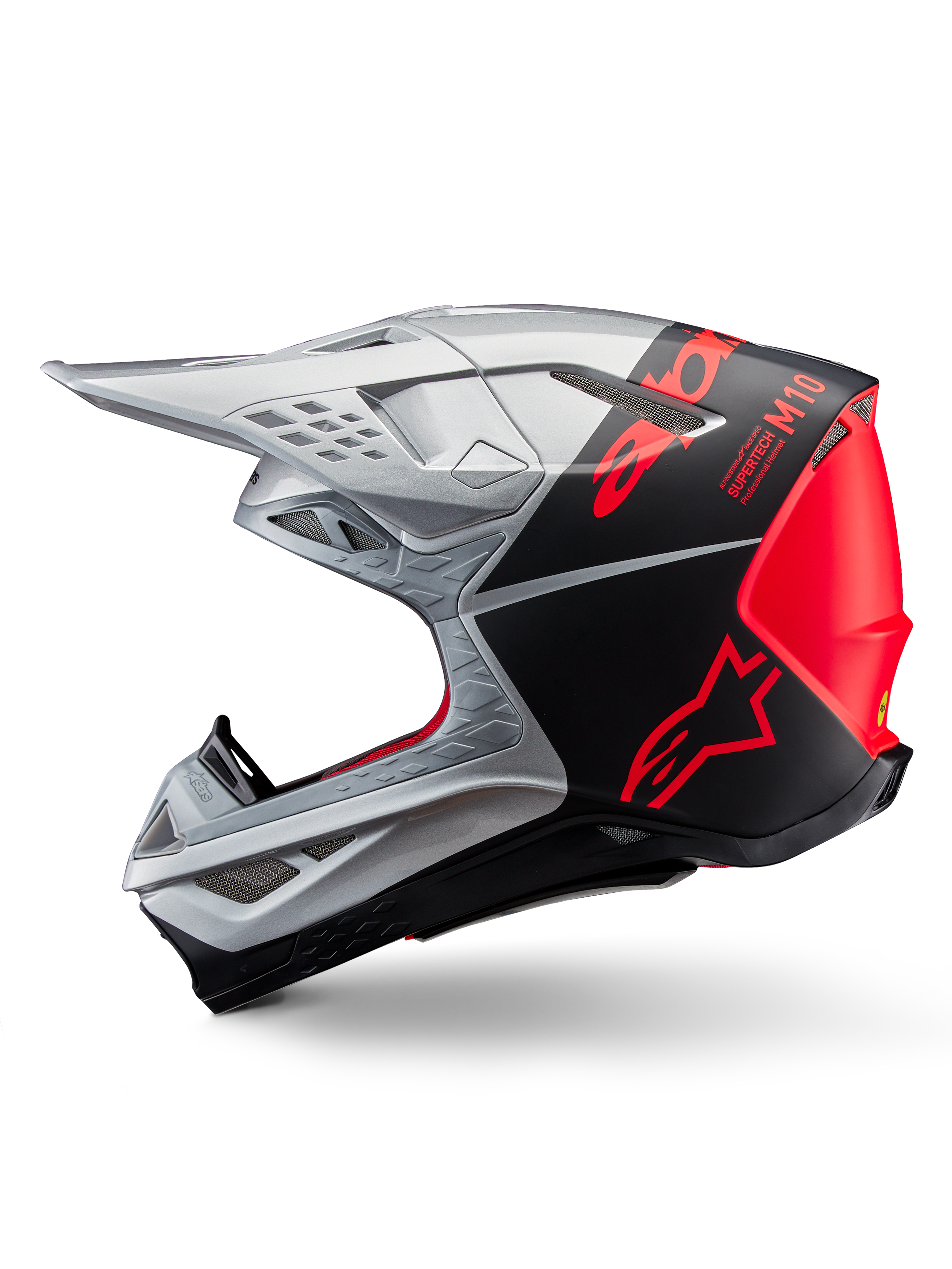 Casque Alpinestars Supertech M10 Flood, casque de motocross, argent et noir avec accents orange fluo, profil latéral, design aérodynamique épuré avec ports de ventilation, finitions mates et brillantes, protection professionnelle pour la course tout-terrain