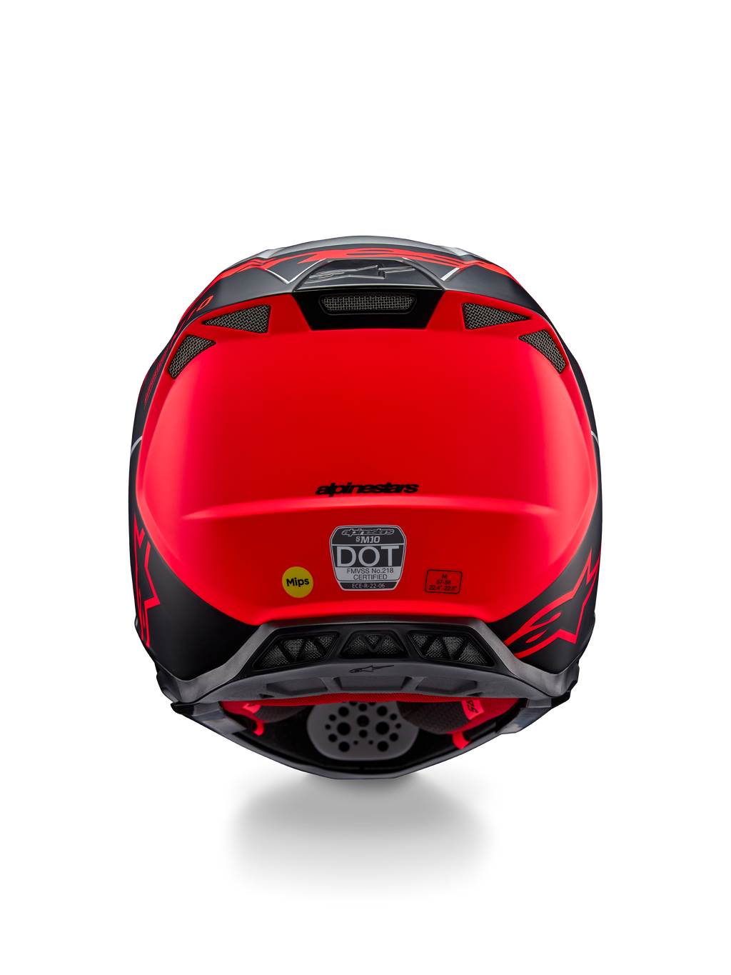 Casque Alpinestars Supertech M10 Flood, vue arrière, argent, noir et orange fluo mat, doté d'évents d'extraction intégrés, d'autocollants de certification DOT et ECE, du logo Mips jaune et d'un profil aérodynamique épuré pour le motocross