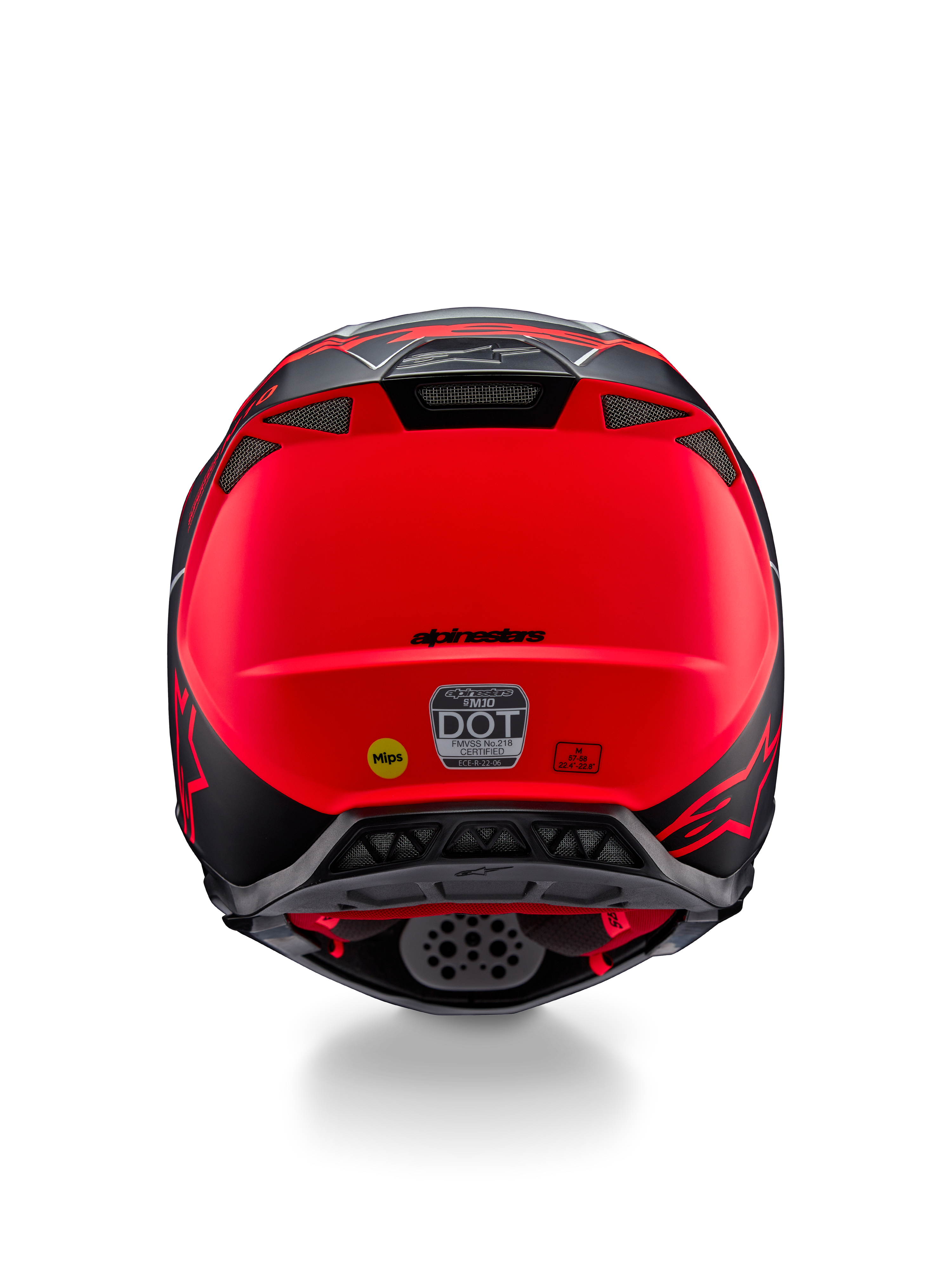Casque Alpinestars Supertech M10 Flood, vue arrière, argent, noir et orange fluo mat, doté d'évents d'extraction intégrés, d'autocollants de certification DOT et ECE, du logo Mips jaune et d'un profil aérodynamique épuré pour le motocross