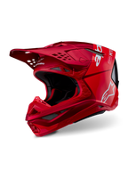 Alpinestars Supertech M10 Flood helm, motocrosshelm, rood en fluo rood mat en glanzend, voorzien van witte Alpinestars-logo's, aerodynamisch profiel met meerdere ventilatieopeningen, lichtgewicht carbon composiet schaal voor off-road racing