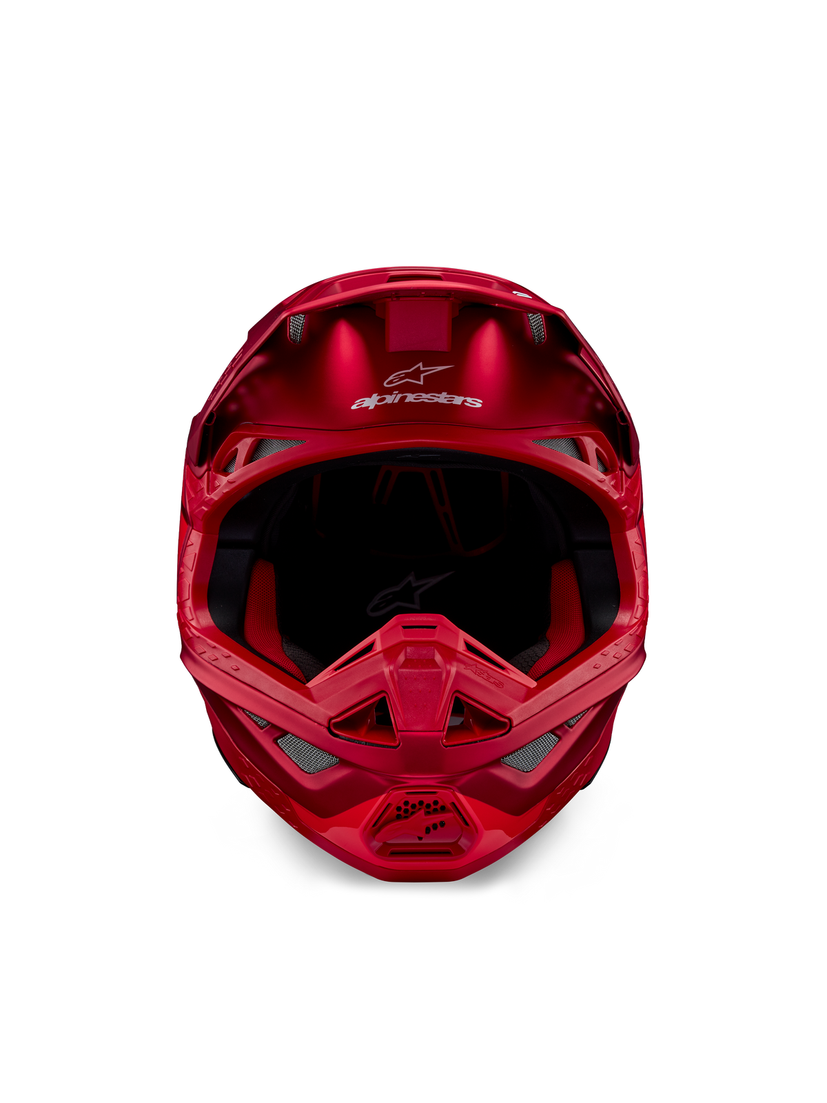 Casque Alpinestars Supertech M10 Flood, casque de motocross, rouge fluo et rouge mat/brillant, vue de face montrant un profil aérodynamique avec plusieurs prises d'air, logo Alpinestars sur le front et doublure intérieure rouge, équipement de course tout-terrain professionnel