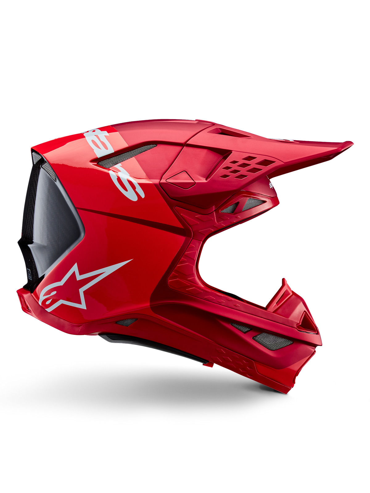 Alpinestars Supertech M10 Flood Helmet, Motocross Helmet, Red Fluo Red Matte and Glossy, side profile view featuring white branding, multiple mesh-covered vents, and aerodynamic off-road racing design