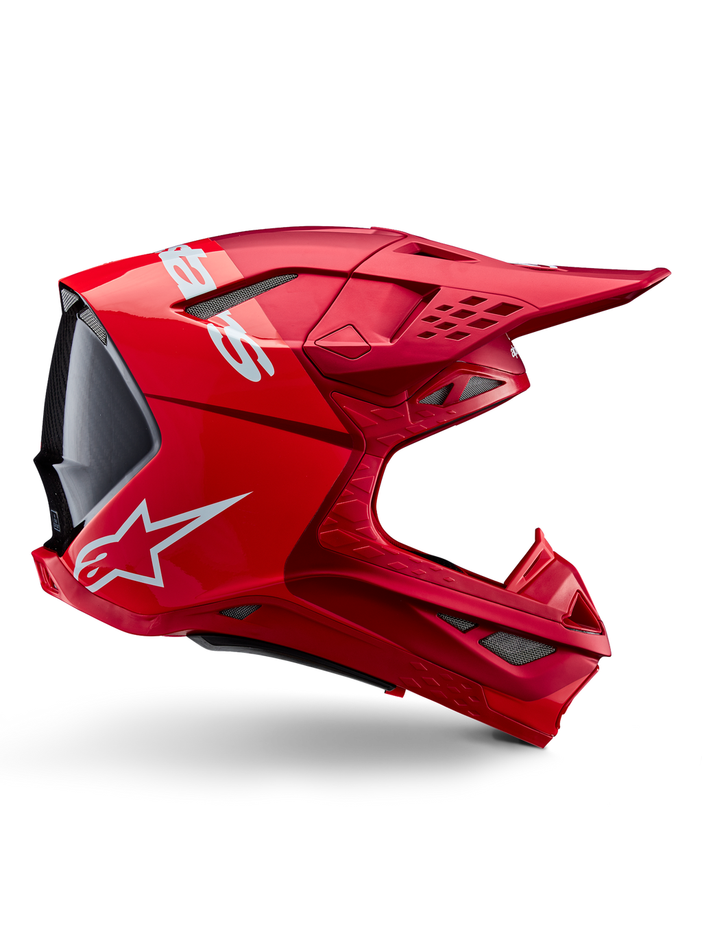 Alpinestars Supertech M10 Flood helm, motorcrosshelm, Red Fluo rood mat en glanzend, zijaanzicht met witte branding, meerdere ventilatieopeningen met gaas en aerodynamisch off-road raceontwerp