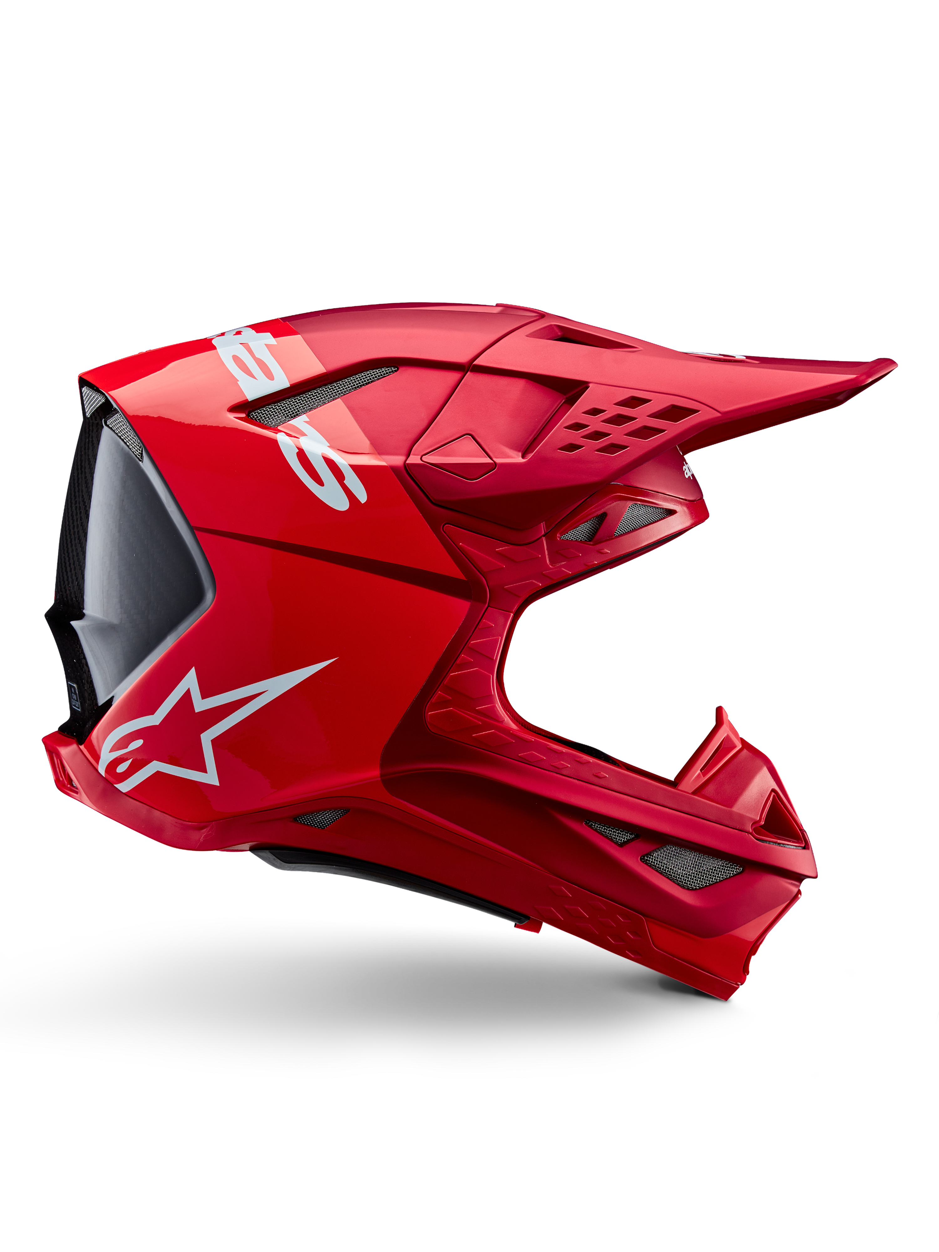 Alpinestars Supertech M10 Flood helm, motorcrosshelm, Red Fluo rood mat en glanzend, zijaanzicht met witte branding, meerdere ventilatieopeningen met gaas en aerodynamisch off-road raceontwerp