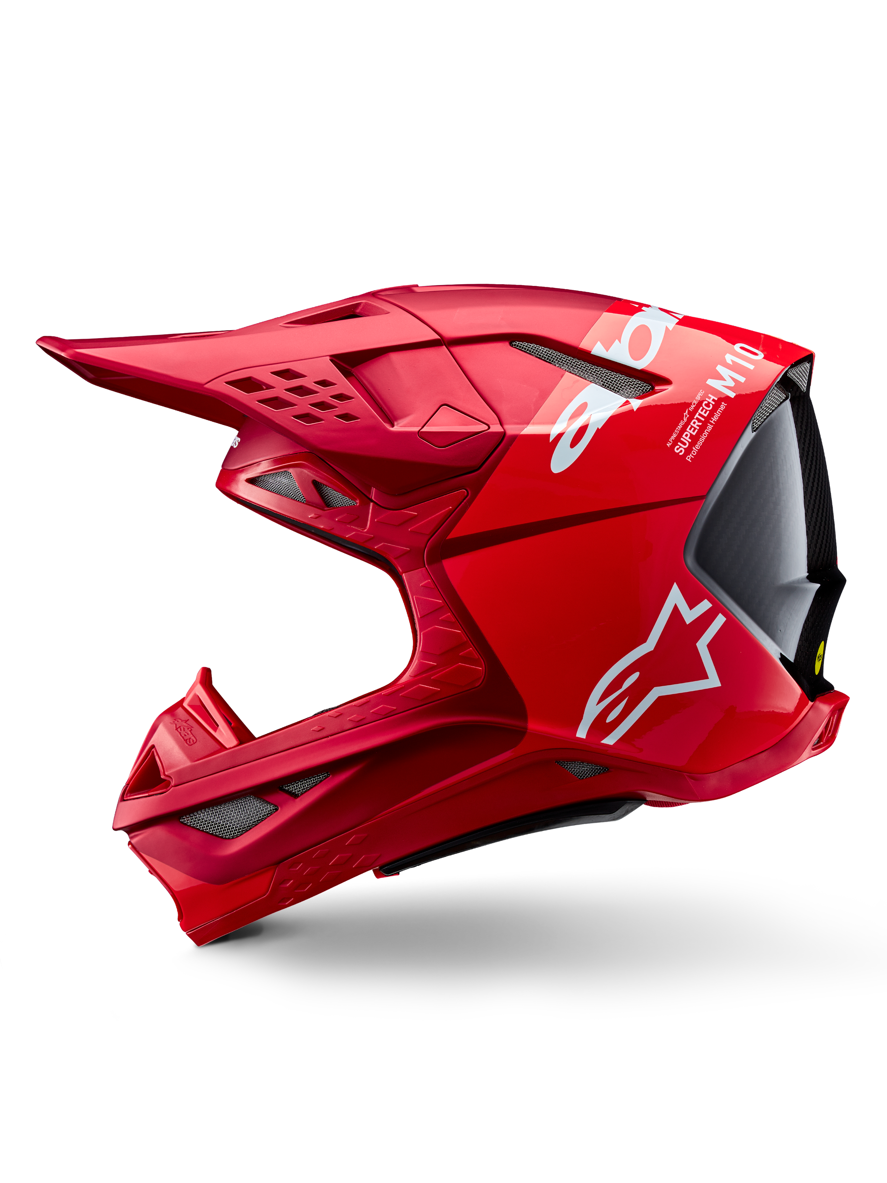 Alpinestars Supertech M10 Flood ECE 22.06 Helm, motocrosshelm, rood en fluo rood met matte en glanzende afwerking, zijaanzicht met aerodynamisch schaalontwerp, meerdere ventilatieopeningen en witte Alpinestars-branding.