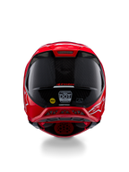 Alpinestars Supertech M10 Flood ECE 22.06 Helm, achteraanzicht, fluo rood mat en glanzend, motorcrosshelm met zichtbare koolstofvezeltextuur, MIPS- en DOT-certificeringsstickers en aerodynamische ventilatieopeningen