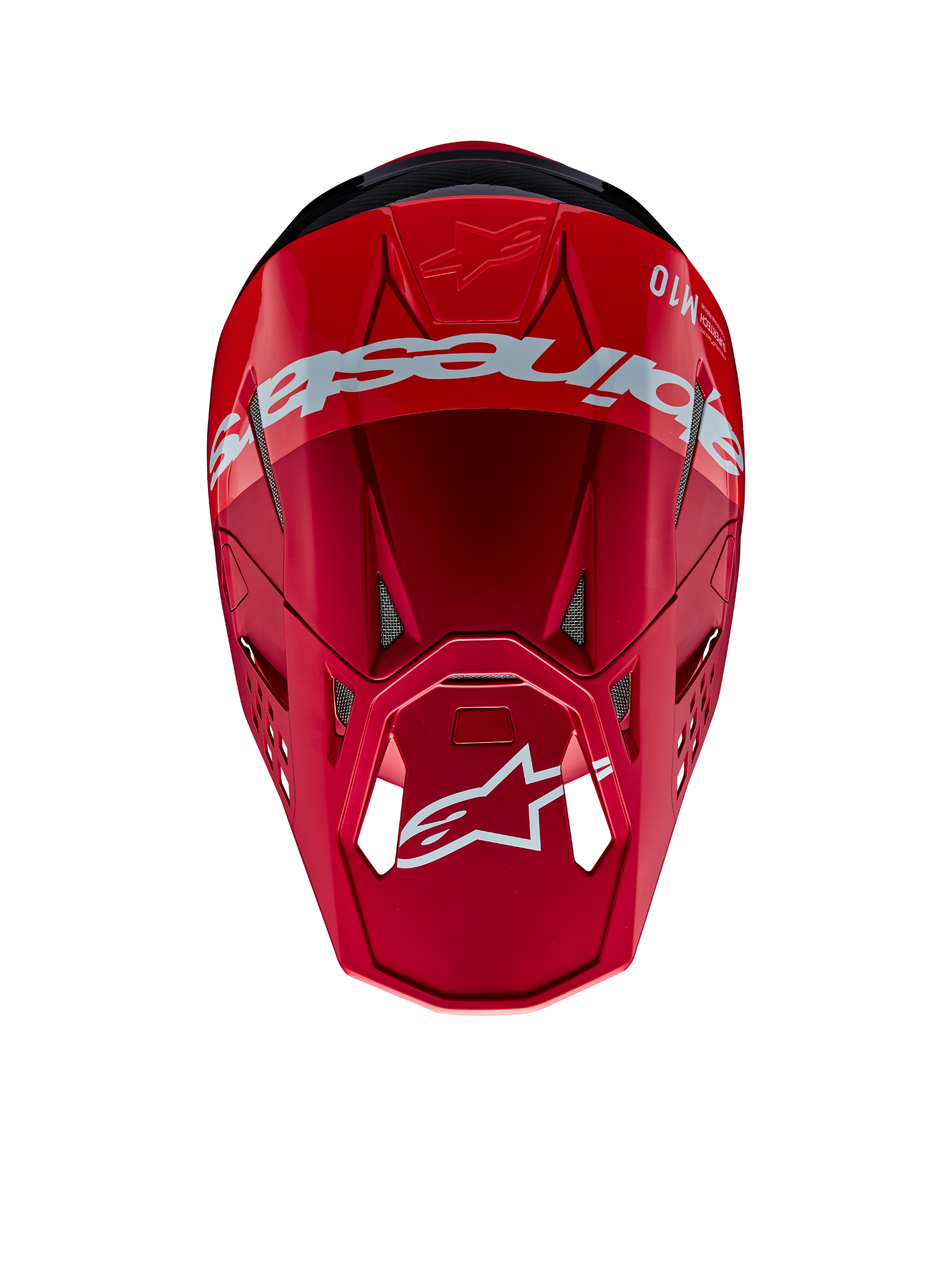 Casque Alpinestars Supertech M10 Flood, casque de motocross, rouge et rouge fluo avec finition mate et brillante, vue de dessus montrant le lettrage et le logo Alpinestars imposants, coque aérodynamique avancée avec orifices de ventilation intégrés pour la course tout-terrain