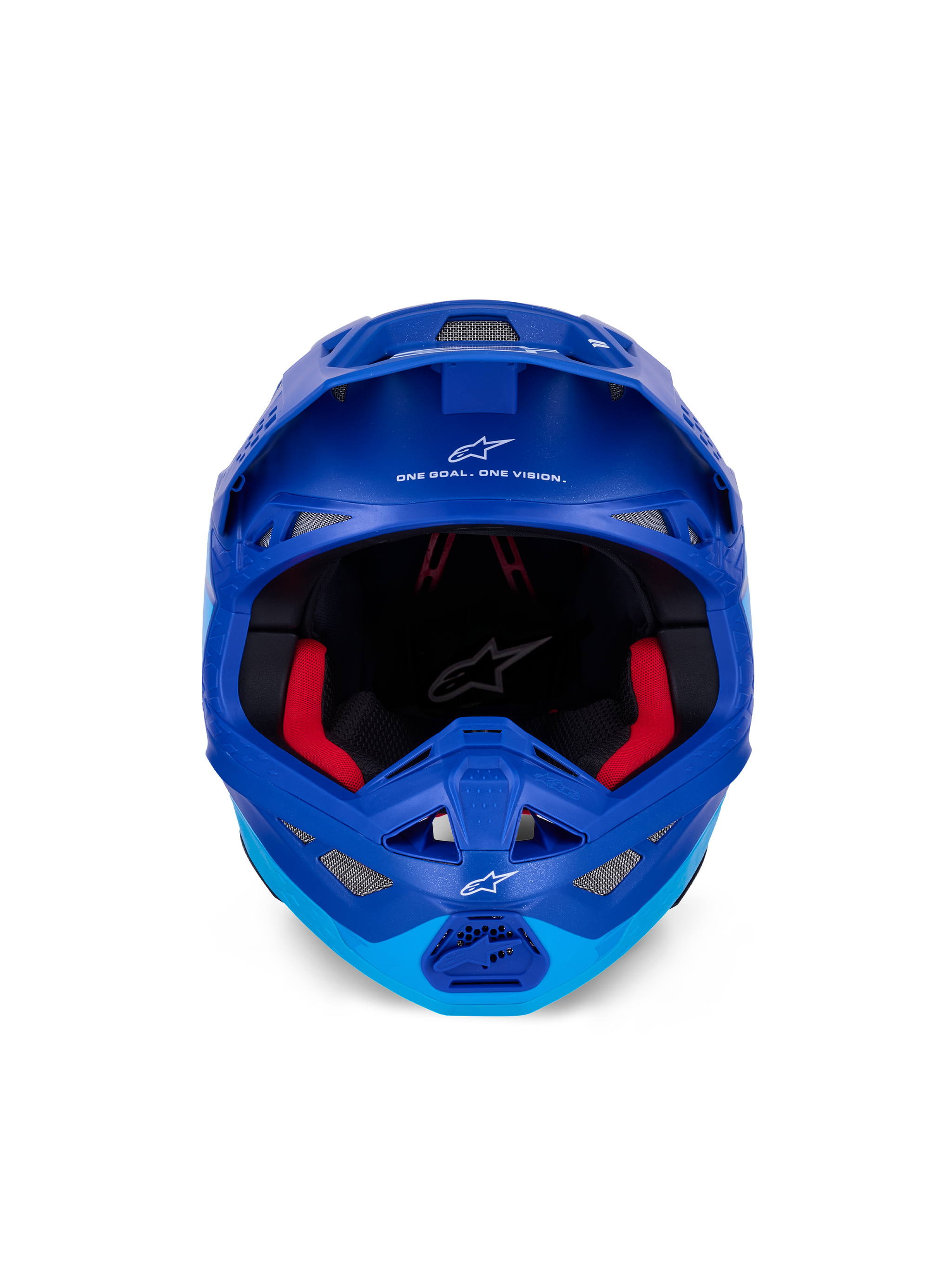 Alpinestars Supertech M10 Flood helm ECE, motorcrosshelm, metallic en medium blauw met zwarte carbonaccenten, vooraanzicht met kinstuk en oogopening, witte Alpinestars-logo's en tekst, rode binnenvoering, professionele off-road bescherming