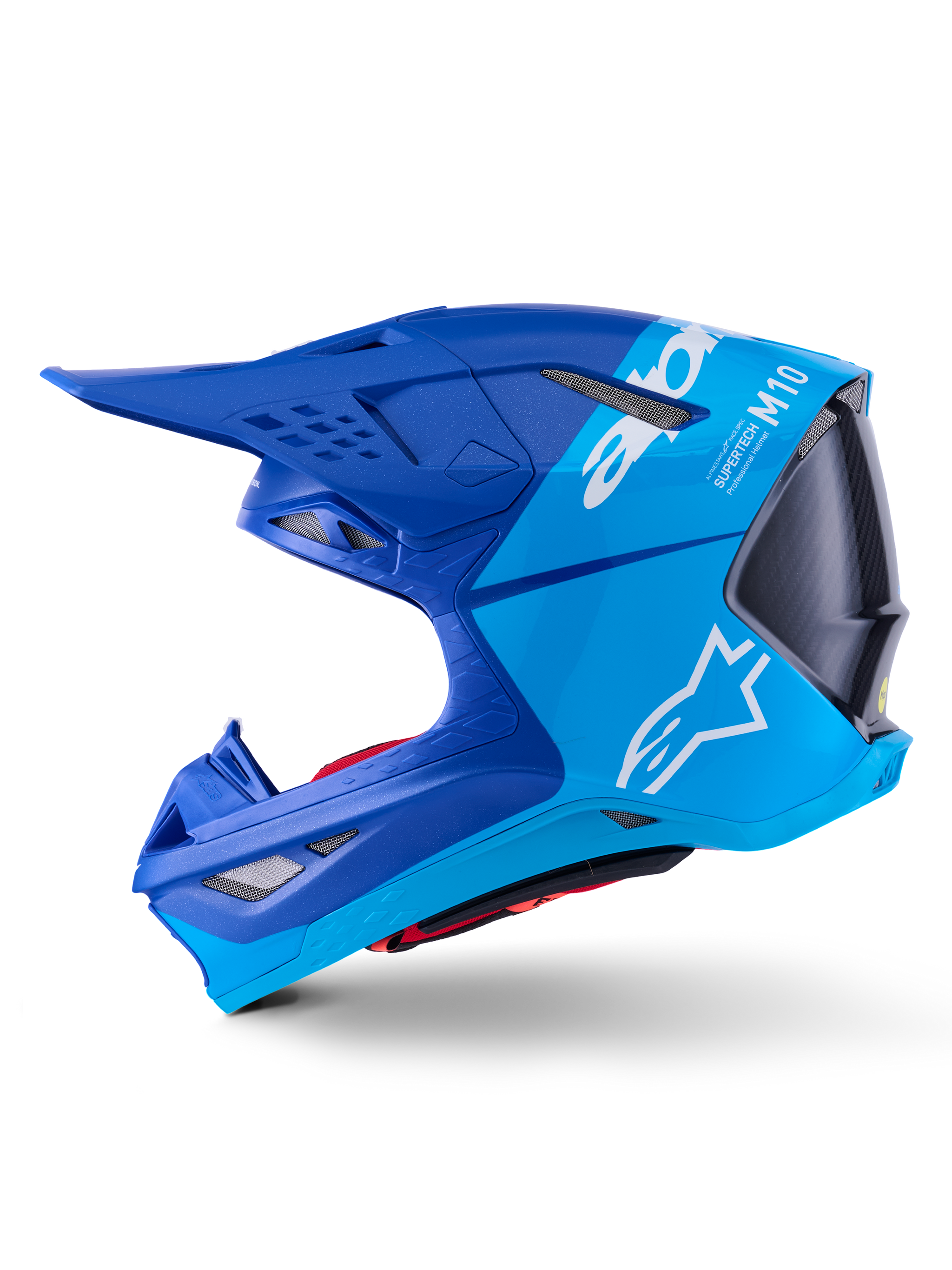 Alpinestars Supertech M10 Flood helm, motocrosshelm, metallic en medium blauw met zwart carbon, zijaanzicht met matte en glanzende afwerkingen, wit Alpinestars-logo en Supertech M10-branding, geavanceerde hoofdbescherming voor off-road racen