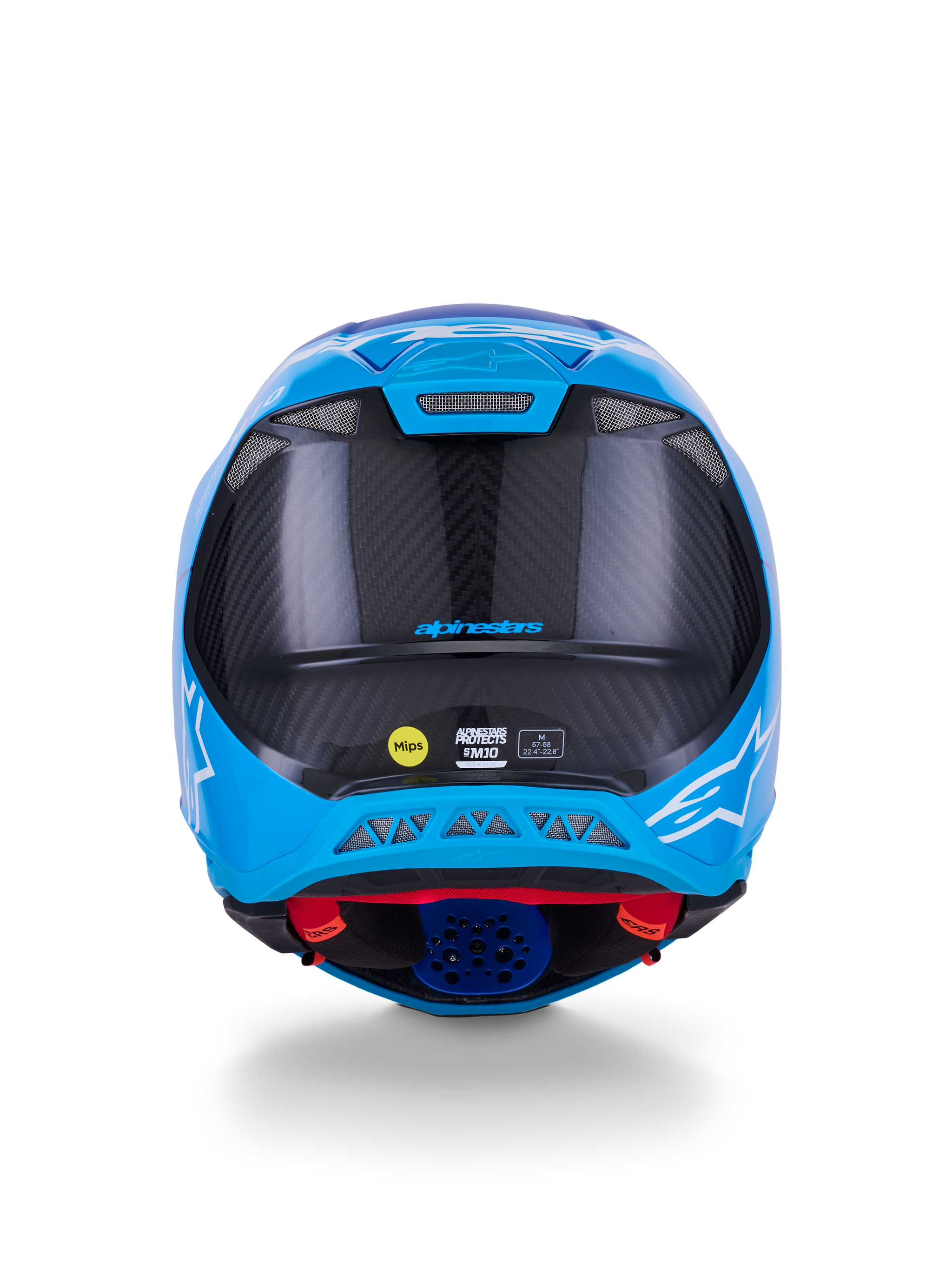 Alpinestars Supertech M10 Flood Helm, motorcrosshelm, metallic blauw en medium blauw met zwart carbon, achteraanzicht met 3K carbontextuur, witte ster-logo's, MIPS-sticker en ventilatieopeningen