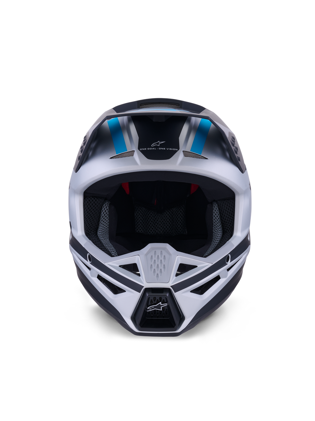Alpinestars S-M3 Heat Helm, Motocross-Helm, Silber-Blau und Schwarz Matt, Vorderansicht mit Fokus auf das Belüftungssystem, das große Sichtfeld und die Mesh-Innenpolsterung, mit dem Marken-Slogan 'ONE GOAL ONE VISION' auf der Stirn.