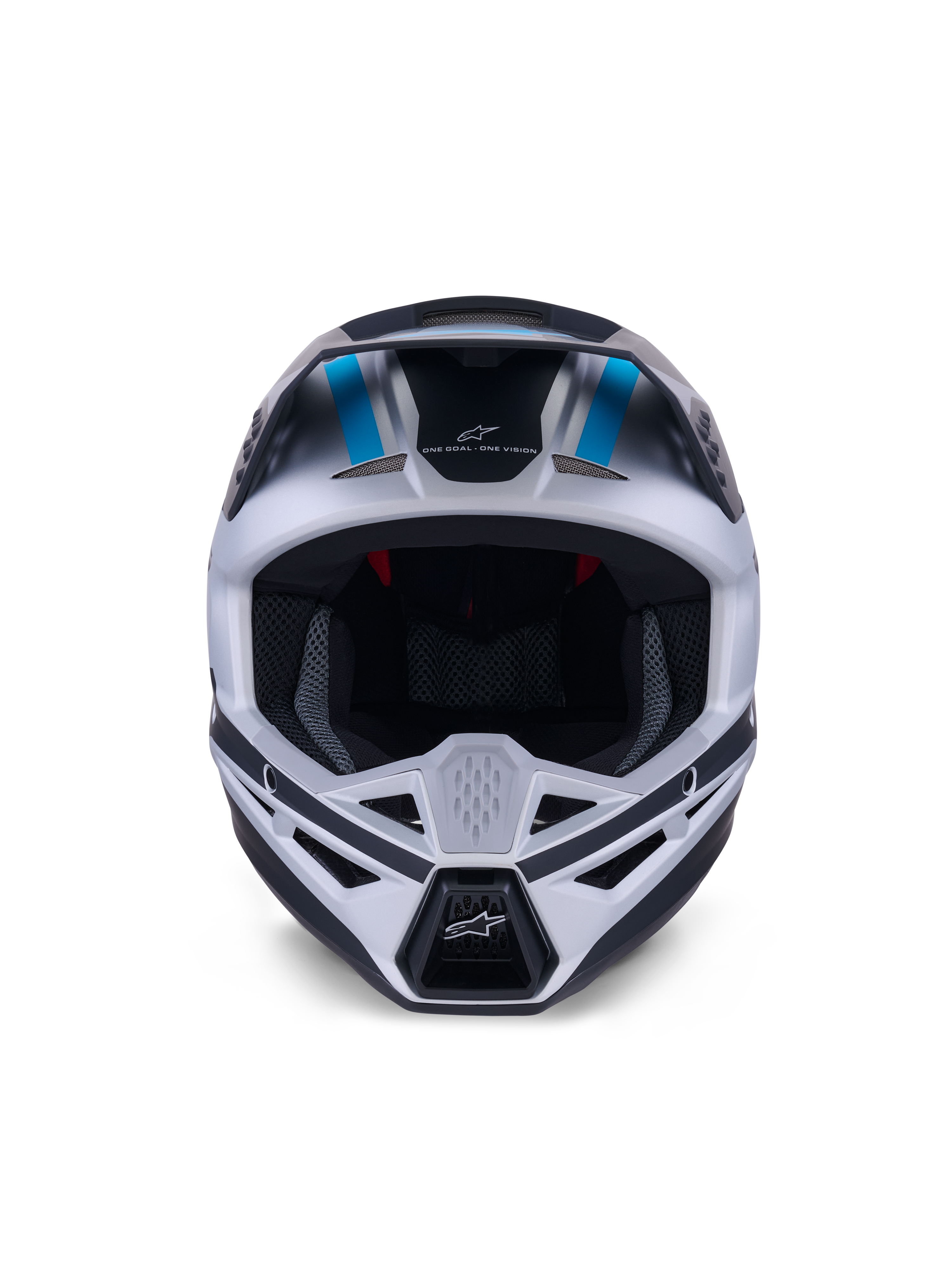 Alpinestars S-M3 Heat Helm, Motocross-Helm, Silber-Blau und Schwarz Matt, Vorderansicht mit Fokus auf das Belüftungssystem, das große Sichtfeld und die Mesh-Innenpolsterung, mit dem Marken-Slogan 'ONE GOAL ONE VISION' auf der Stirn.