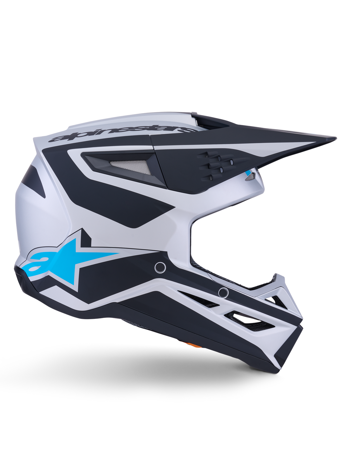 Alpinestars S-M3 Heat Helm ECE 22.06, Motocross-Helm, Silber, Blau und Schwarz Matt, Seitenprofil mit markanten schwarzen Grafiken, hellblauem A-Star-Logo, schwarzem aerodynamischem Visier und mehreren Belüftungsöffnungen für Offroad-Performance