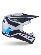 Alpinestars S-M3 Heat Helm ECE 22.06, Motocross-Helm, Silber, Blau und Schwarz Matt, Seitenprofil mit markanten schwarzen Grafiken, hellblauem A-Star-Logo, schwarzem aerodynamischem Visier und mehreren Belüftungsöffnungen für Offroad-Performance