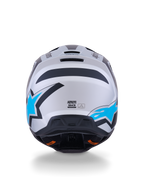 Alpinestars S-M3 Heat Helm, Motocross-Helm, Silber, Blau und Schwarz Matt, Rückansicht mit leuchtend blauen Stern-Logos, mattem Finish und integrierten Belüftungsöffnungen.