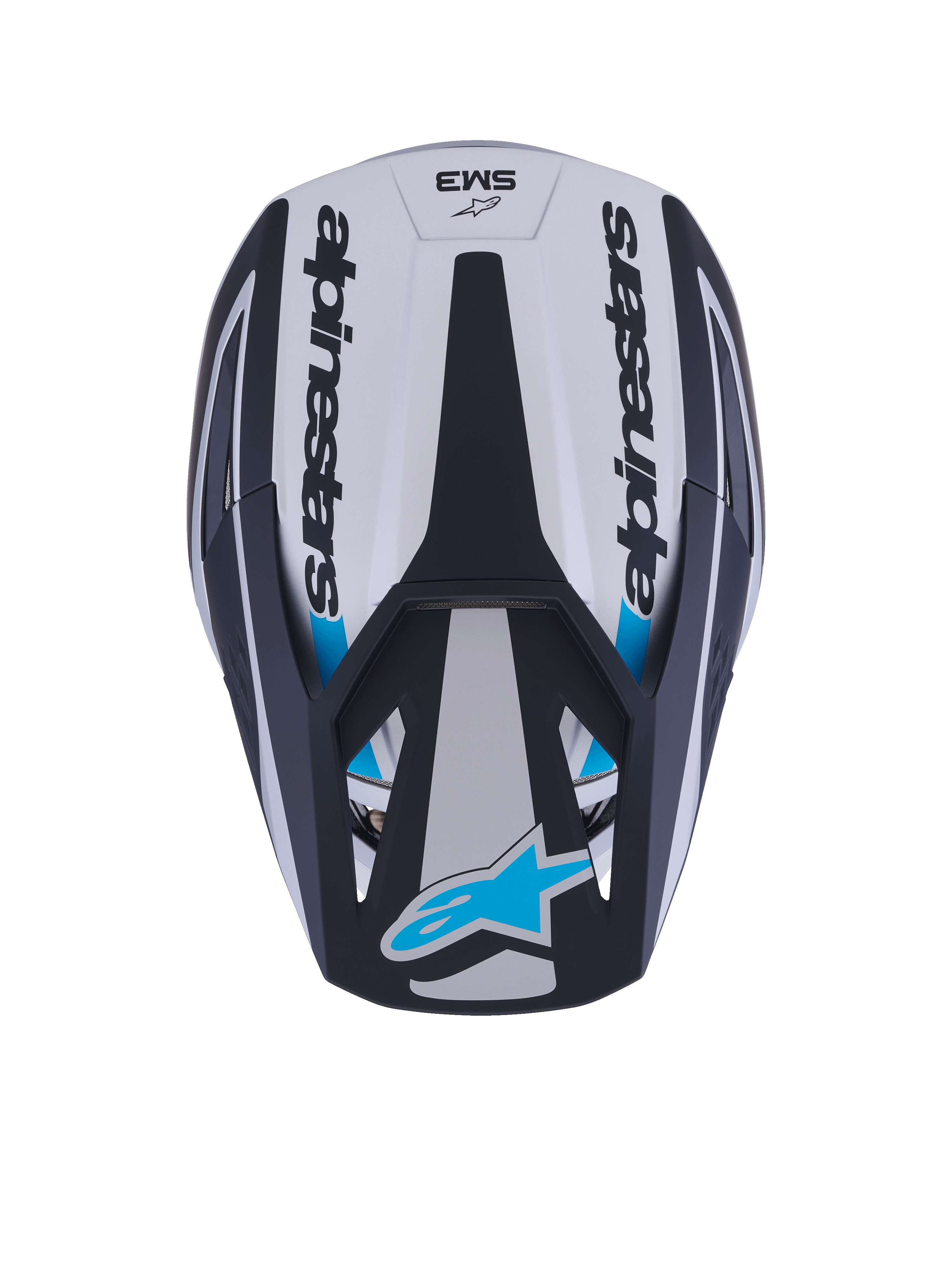 Alpinestars S-M3 Heat Helm, Motocross-Helm, Draufsicht, Silber, Blau und Schwarz matt, Alpinestars-Schriftzug an den Seiten, blaues Astar-Logo auf dem Visier, aerodynamisches Schalendesign mit mattem Finish.