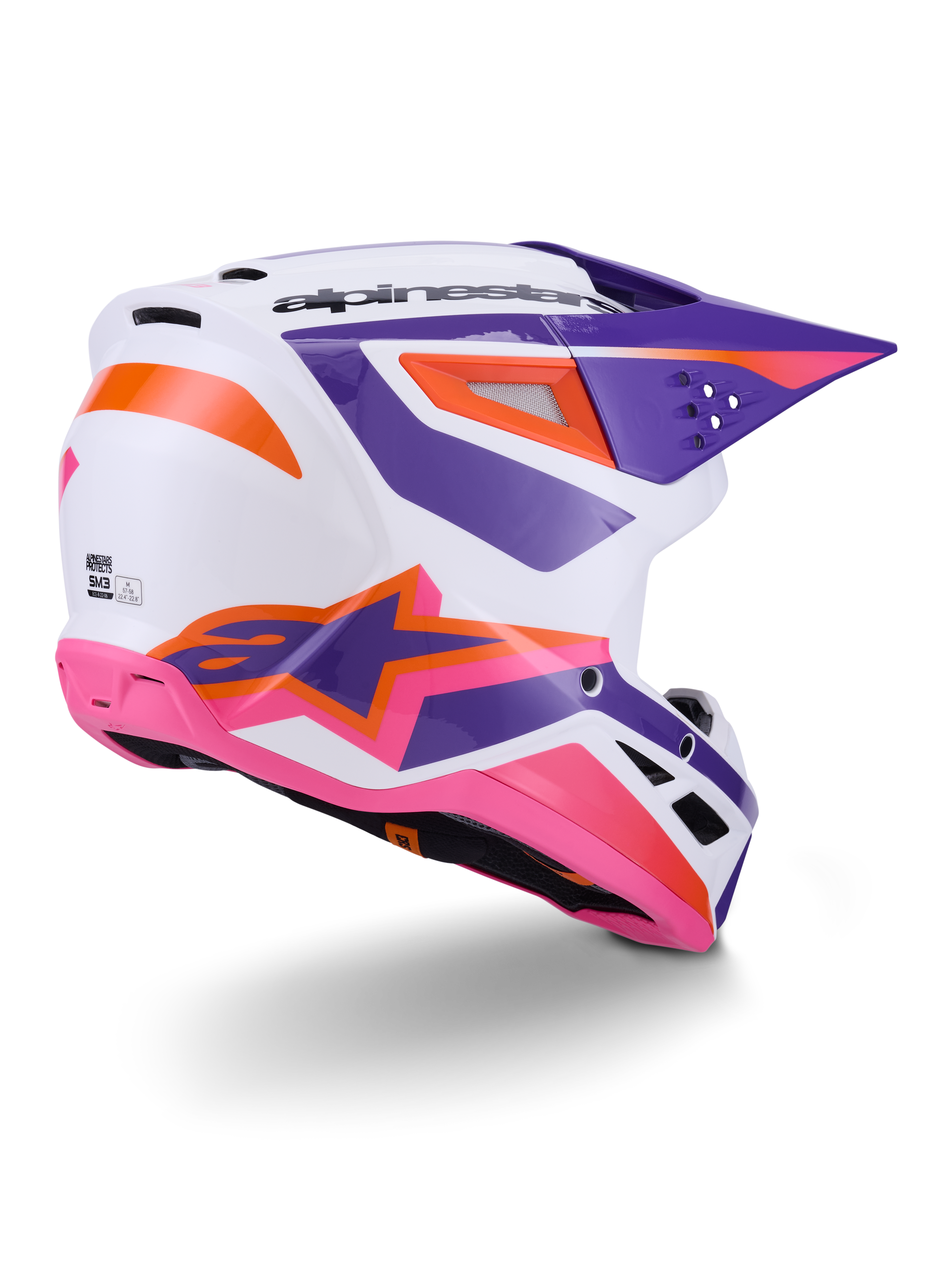 Alpinestars S-M3 Heat Helm ECE 22.06, Motocross-Helm, Weiß mit lila, pinken und orangefarbenen Akzenten, seitliche Rückansicht mit Belüftungsöffnungen und markantem Stern-Logo, glänzendes Finish für Offroad-Performance